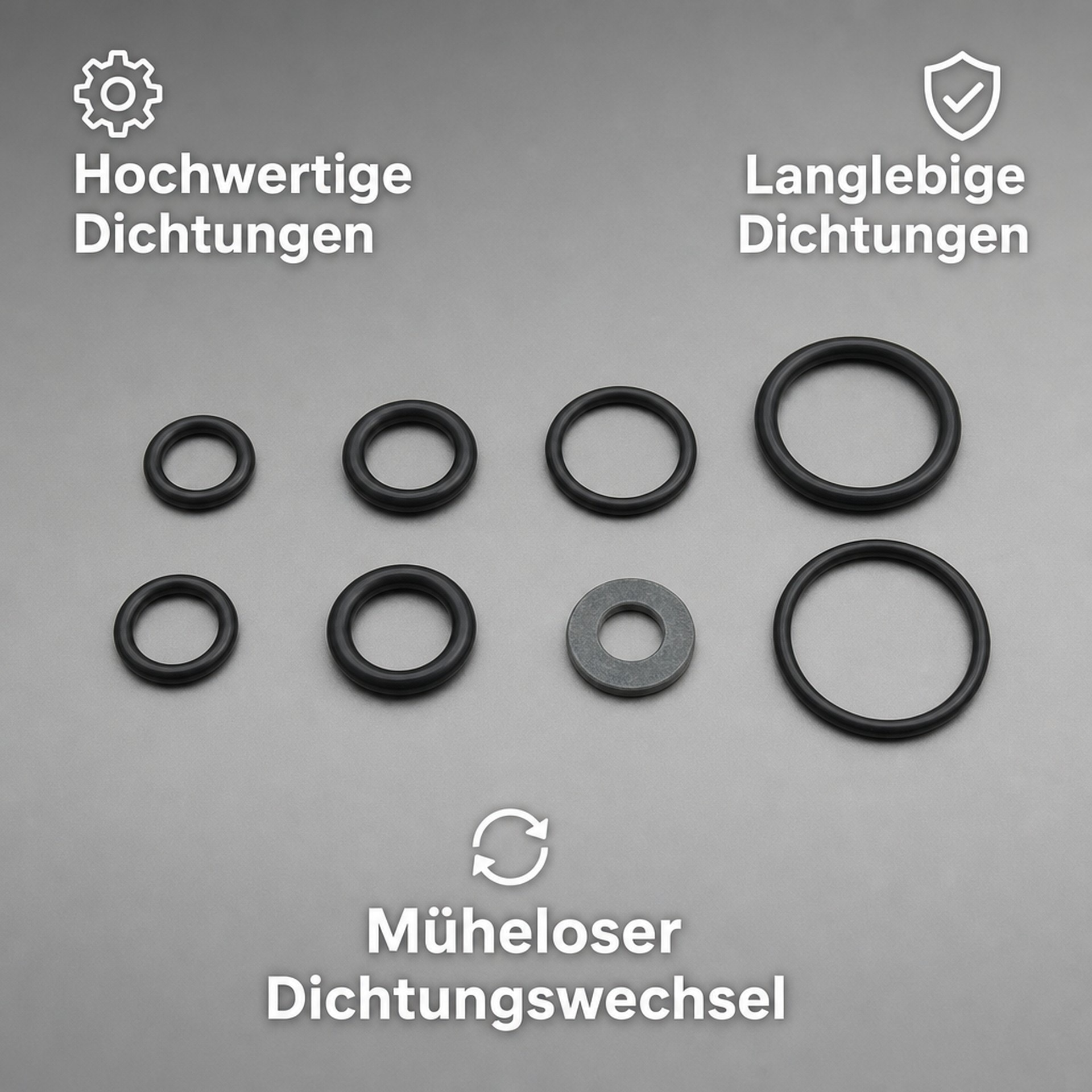 O-ring neri e una rondella su sfondo grigio con testo.