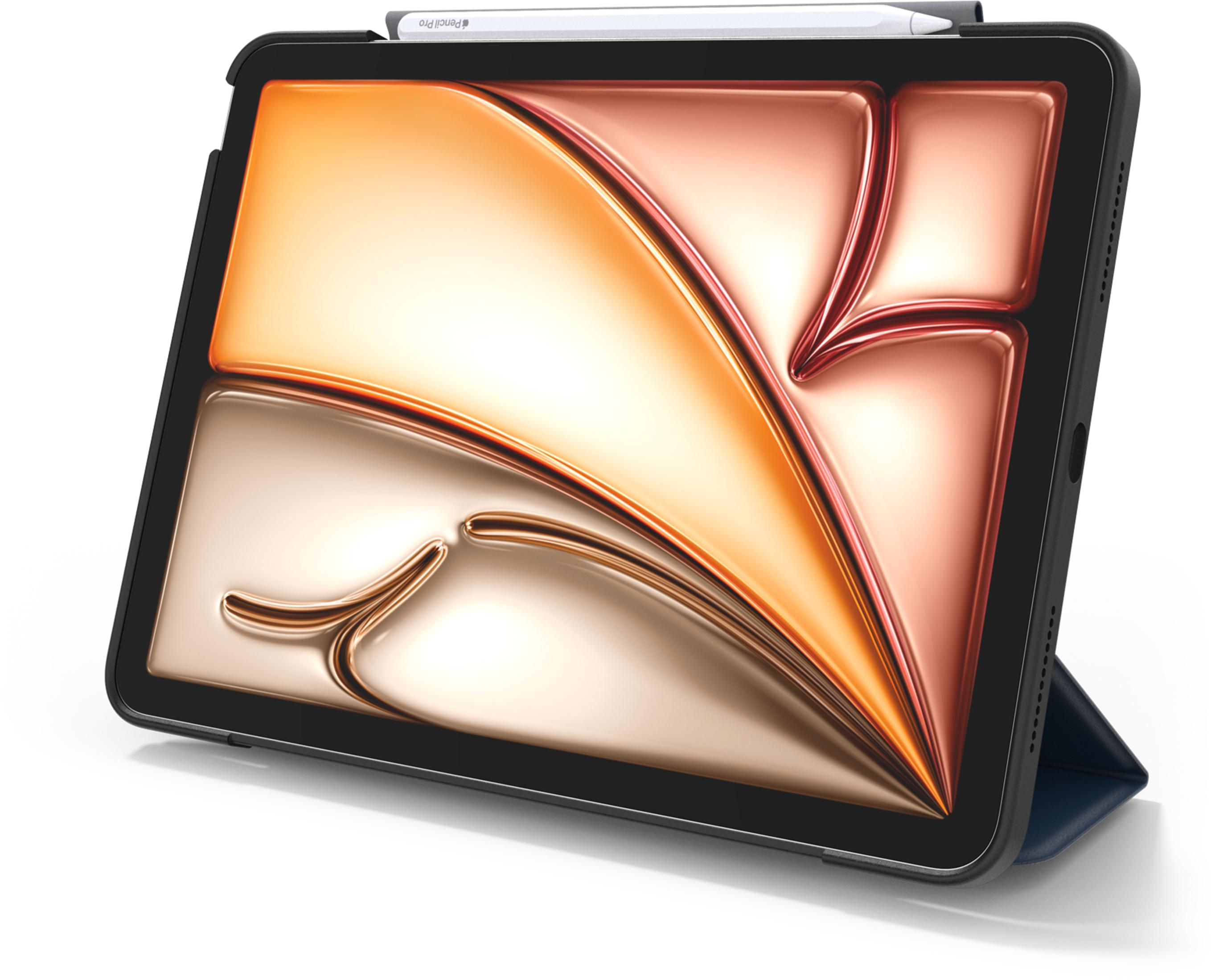 Ein Tablet in einer schwarzen Schutzhülle zeigt auf dem Bildschirm ein abstraktes Muster in Gold- und Kupfertönen.