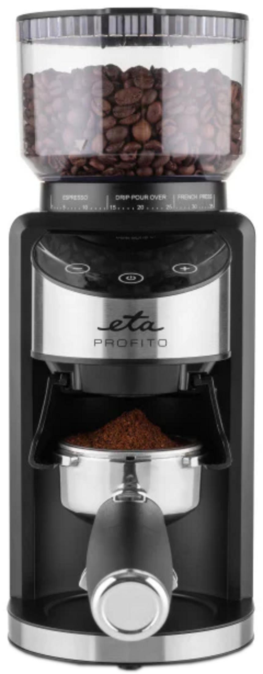 Schwarze Kaffeemühle Eta Profito mit ganzen Bohnen im Behälter und gemahlenem Kaffee im Siebträger.