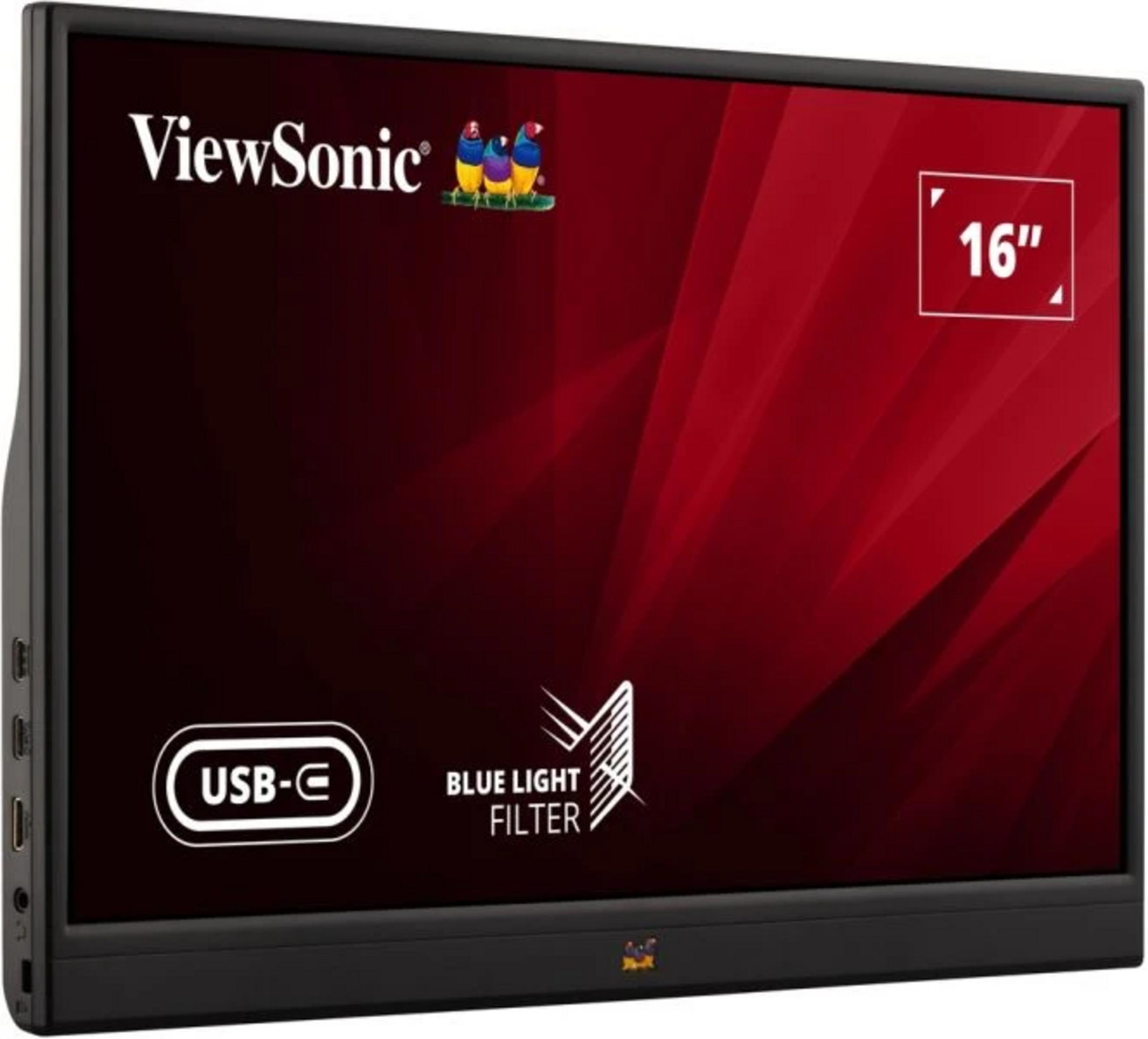 Un monitor ViewSonic de 16 pulgadas con pantalla roja, puerto USB-C y filtro de luz azul.