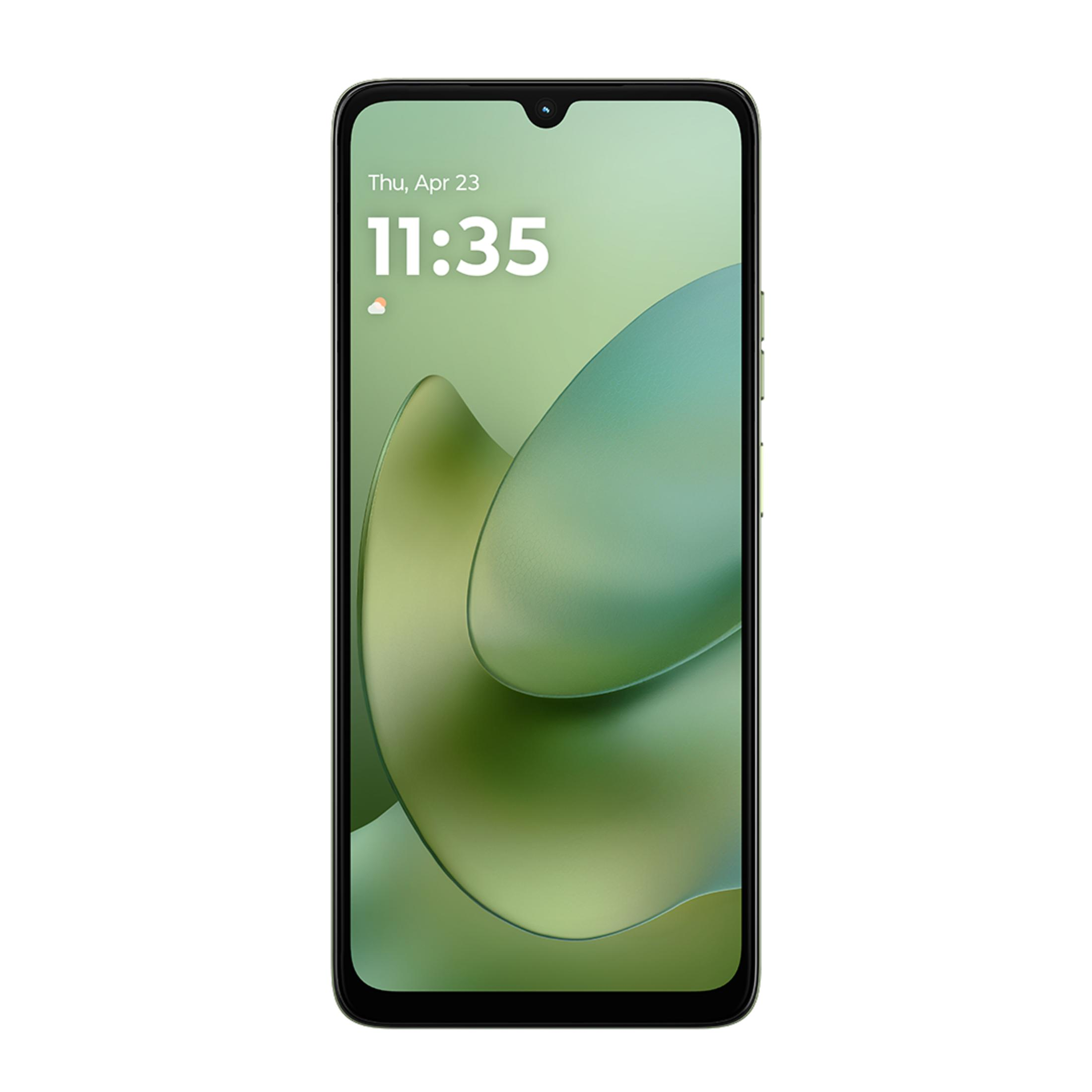 Smartphone nero con sfondo verde, ora 11:35 e data Thu, Apr 23 sullo schermo.
