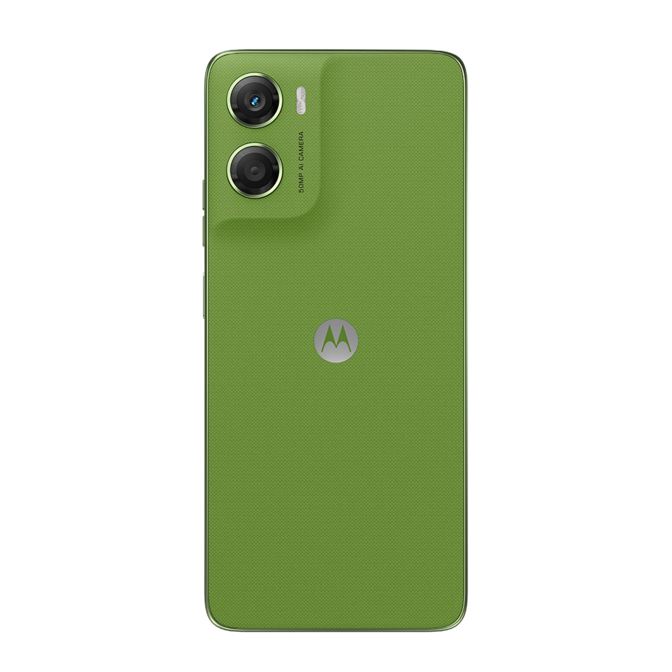 Retro di uno smartphone verde con due fotocamere e il logo Motorola.