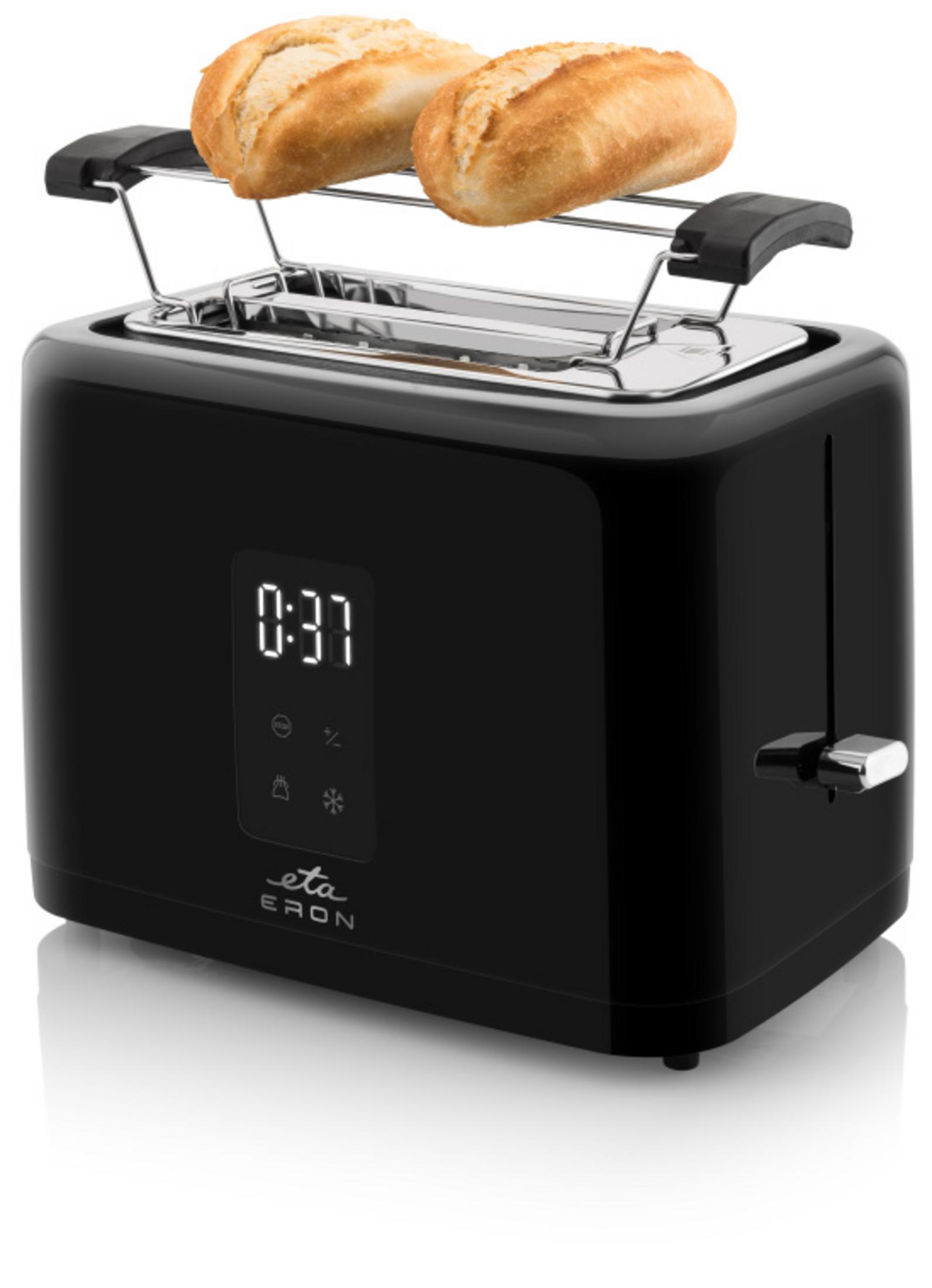 Ein schwarzer Toaster mit Digitaldisplay und zwei Brötchen auf dem Brötchenaufsatz.