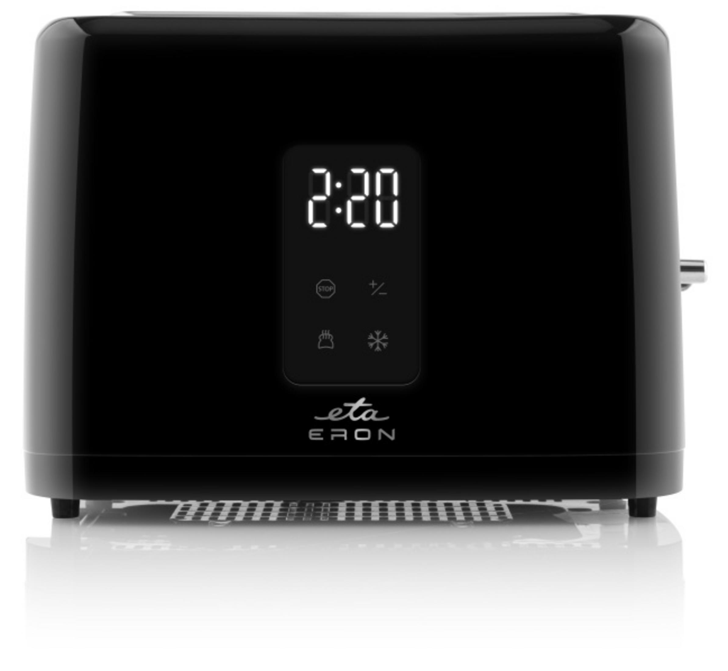 Ein moderner schwarzer Toaster mit digitaler Zeitanzeige und Kontrolltasten auf der Vorderseite.