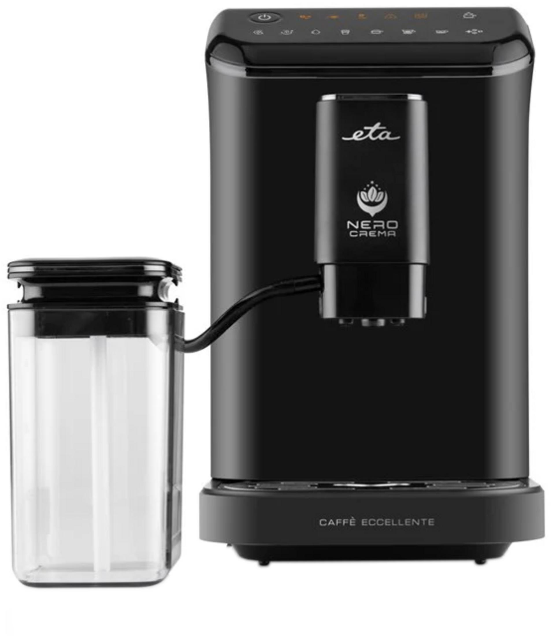 Macchina da caffè nera Eta Nero Crema con contenitore del latte separato a sinistra.