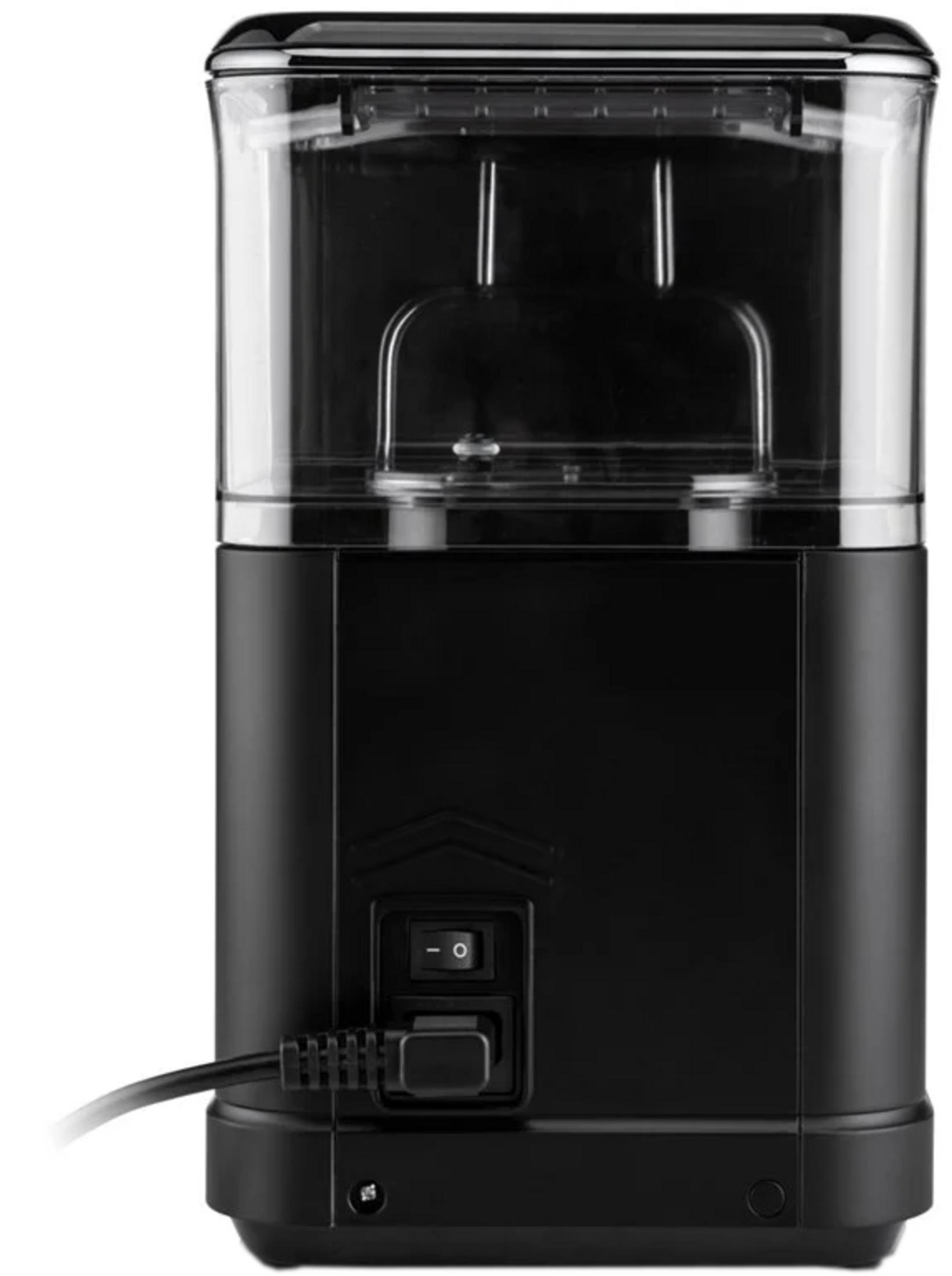 Vista posteriore di un macinacaffè nero con cavo di alimentazione e interruttore.