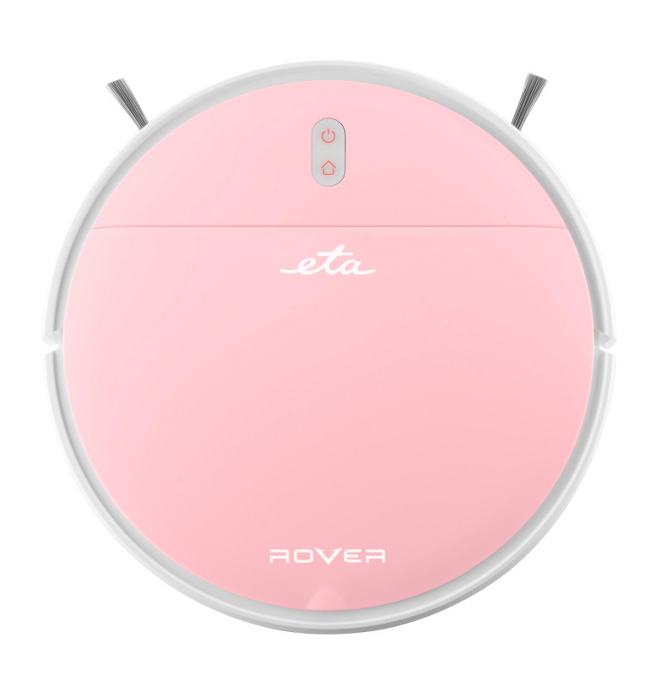 Un robot aspirapolvere rotondo rosa e bianco con spazzole e pulsanti.