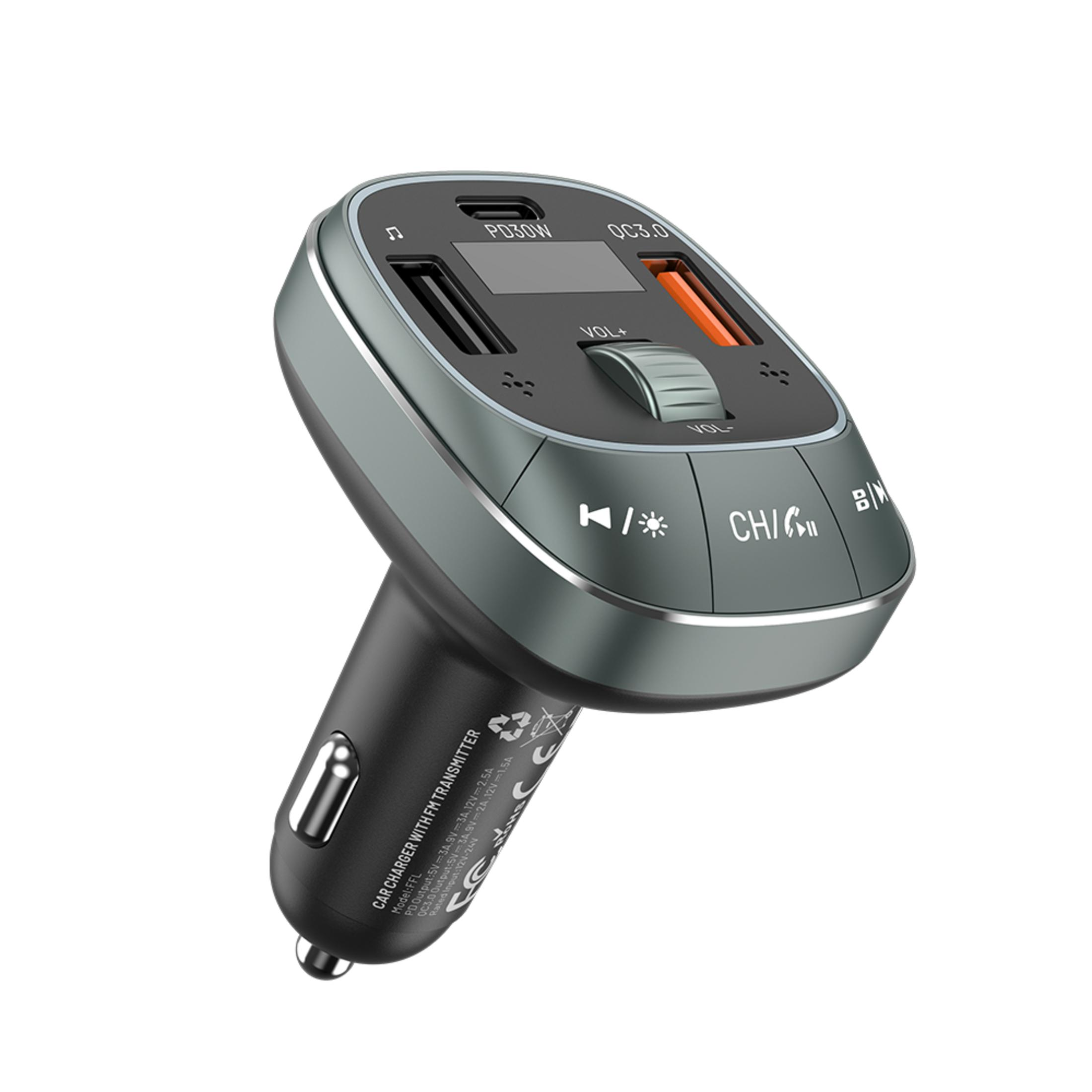 Szara ładowarka samochodowa z portami USB, ekranem i przyciskami.