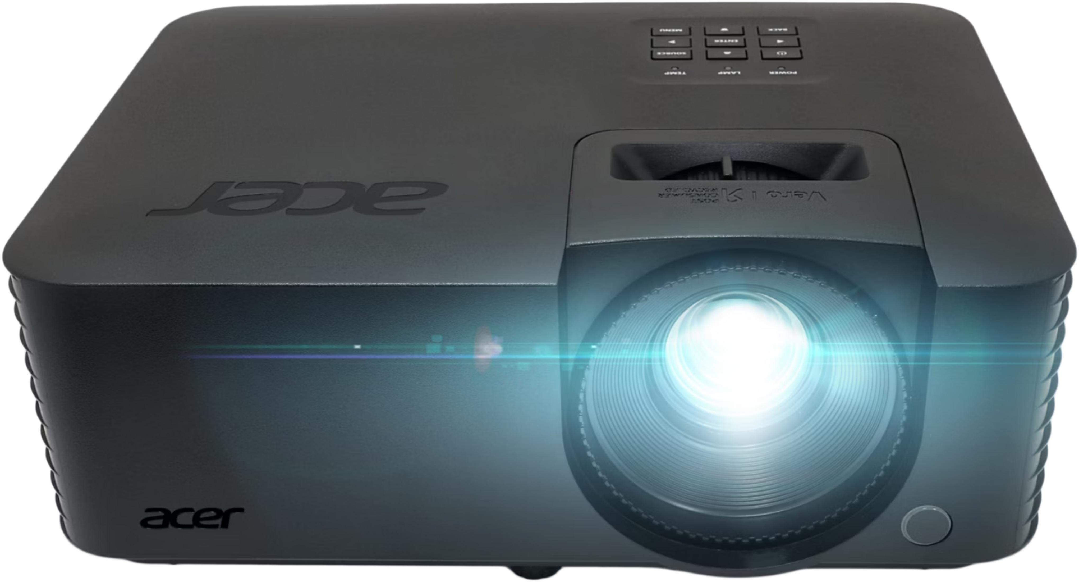 Un proyector Acer negro con una lente blanca brillante y botones de control en la parte superior.