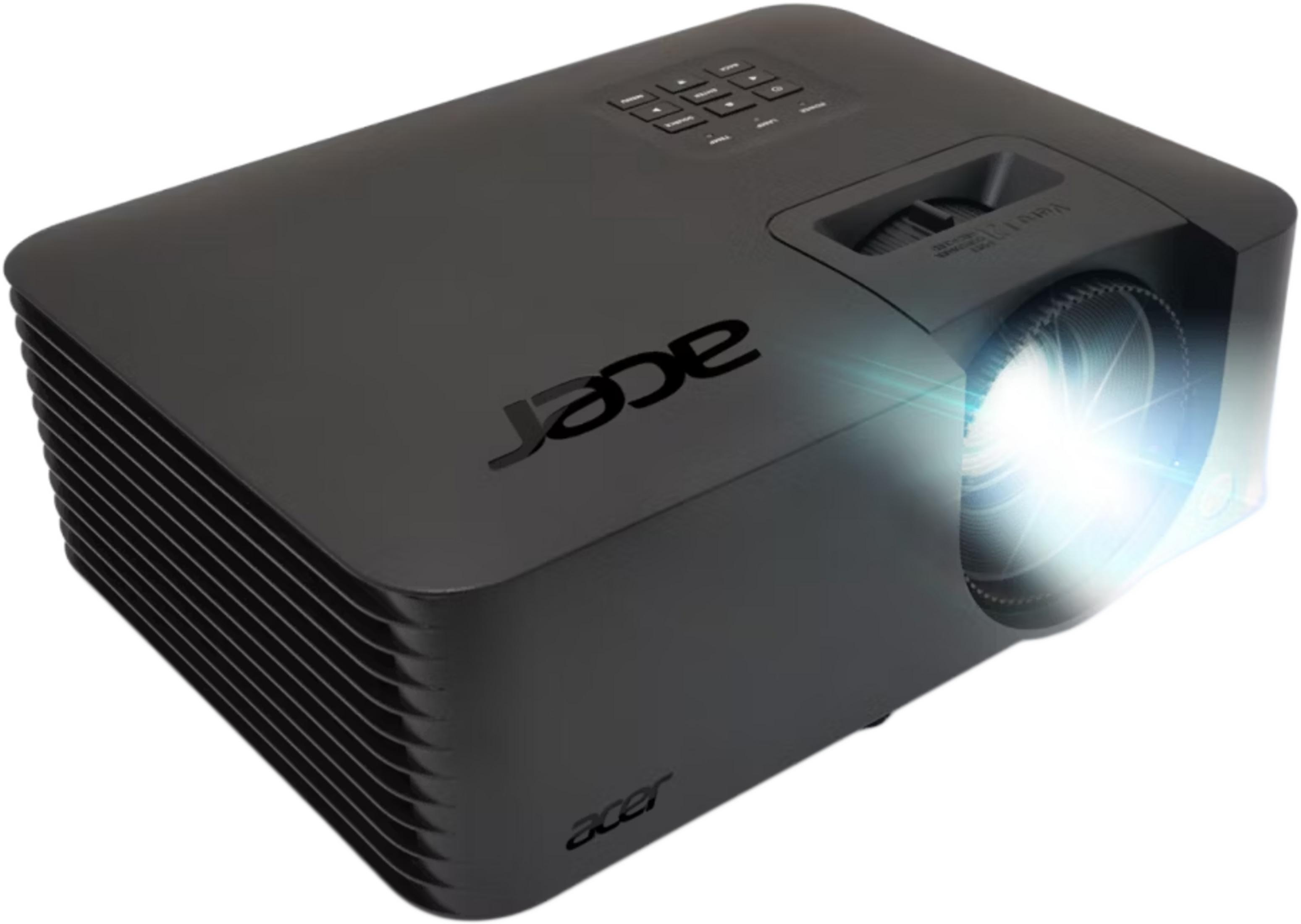 Un proyector Acer negro con una lente iluminada que proyecta luz.