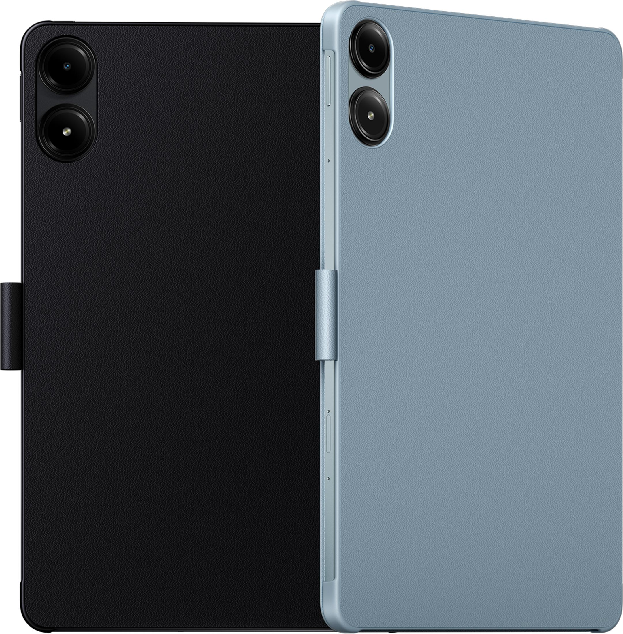 Dos tabletas con funda, una negra y otra azul claro, con módulos de doble cámara en la parte trasera.