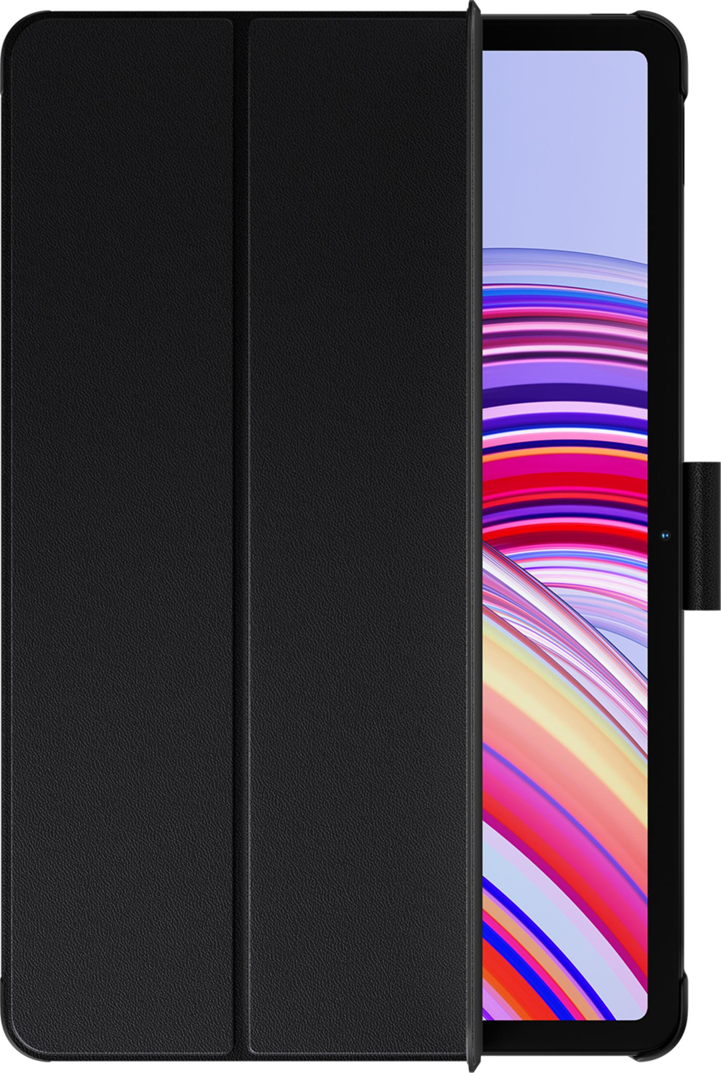 Una funda negra para tableta está parcialmente abierta, mostrando una pantalla con líneas curvas de colores.
