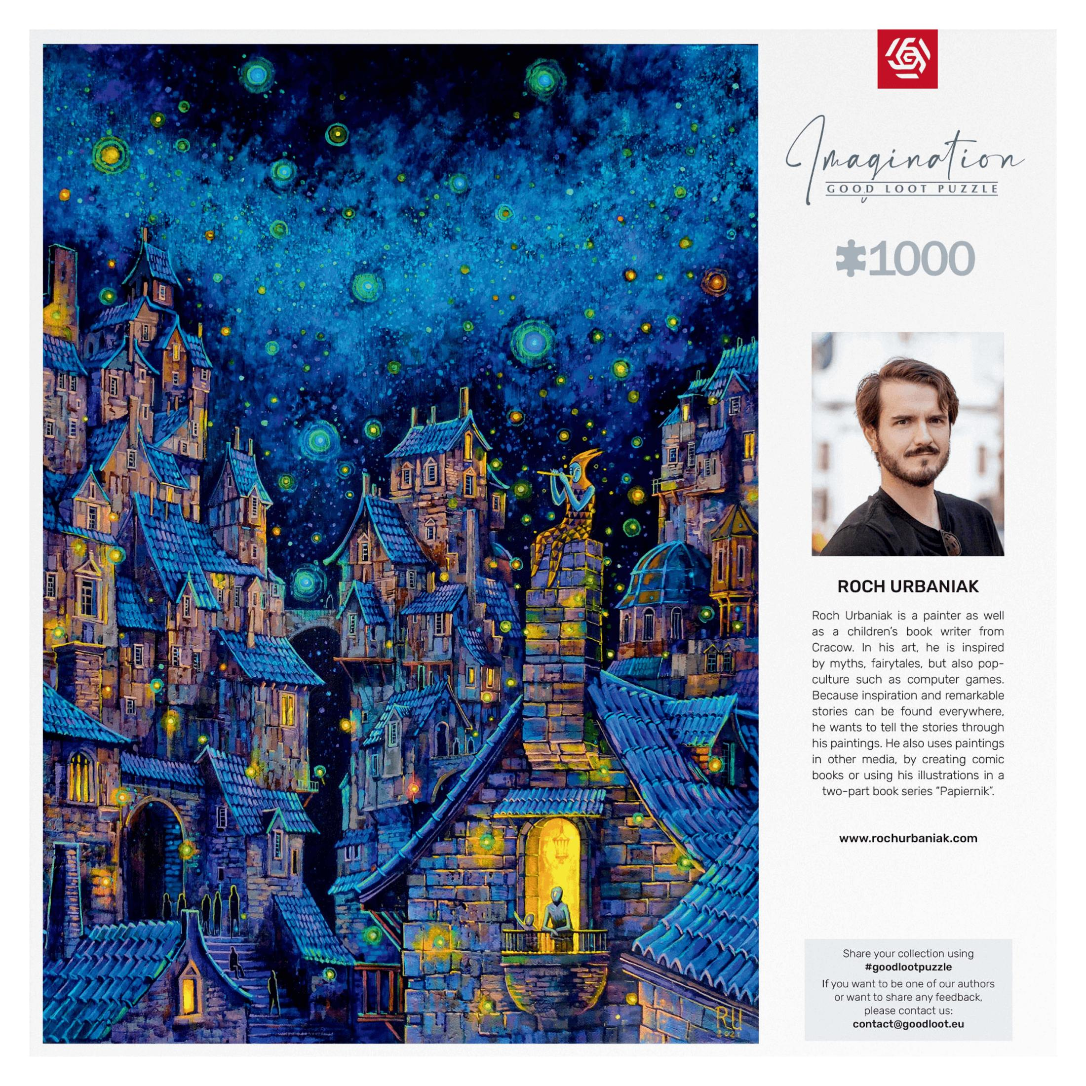 Una ciudad de fantasía por la noche bajo un cielo azul estrellado con luces brillantes y figuras.