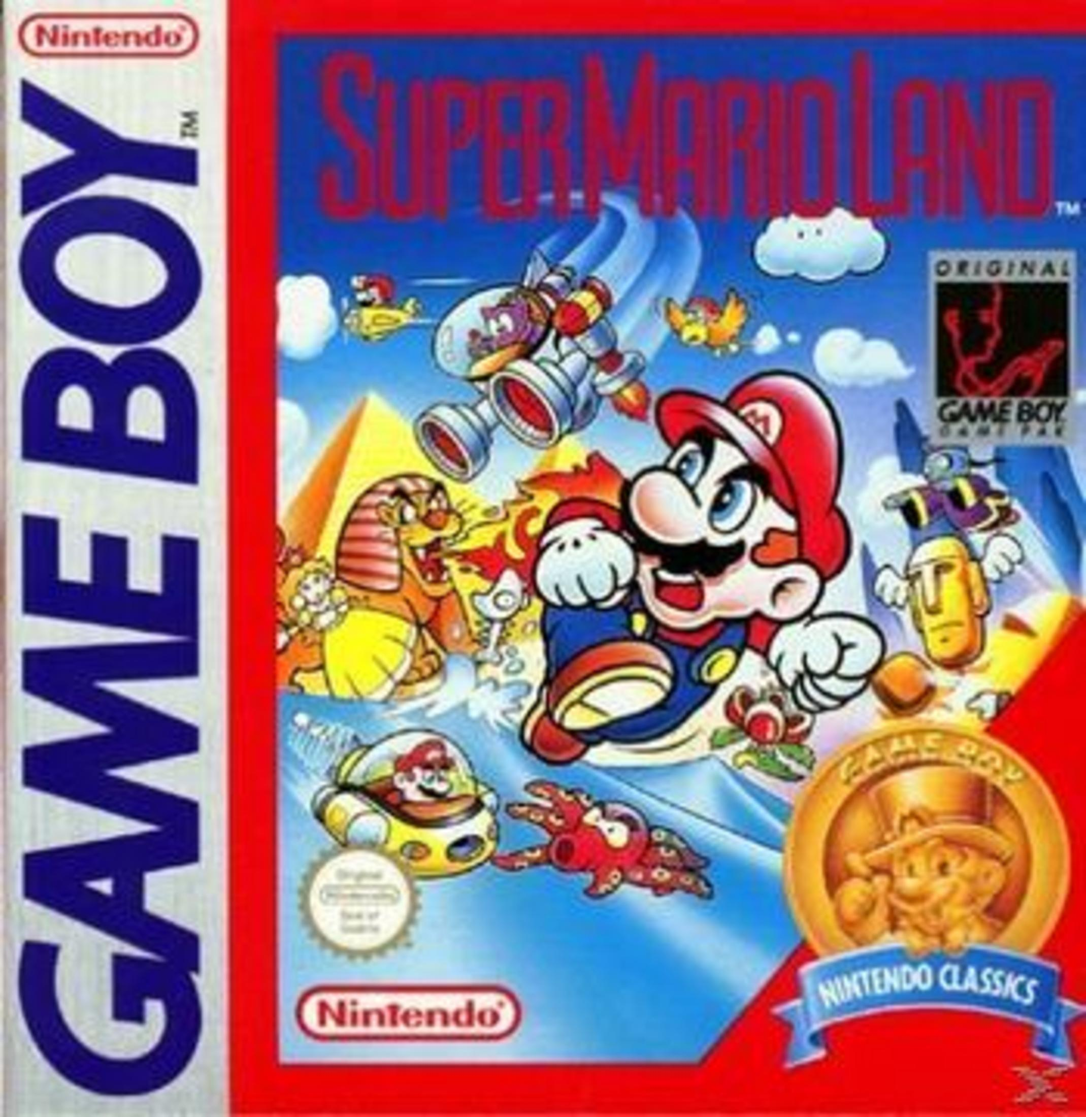 Carátula de Super Mario Land para Game Boy con Mario corriendo, vehículos voladores, pirámides y enemigos.