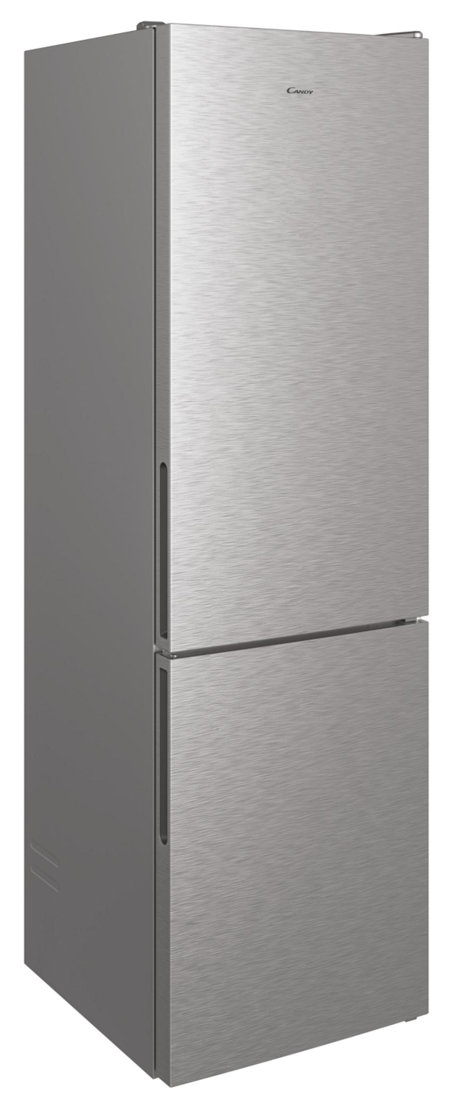 Un frigorifero Candy in acciaio inossidabile con porta superiore del frigo e inferiore del freezer, su sfondo neutro.