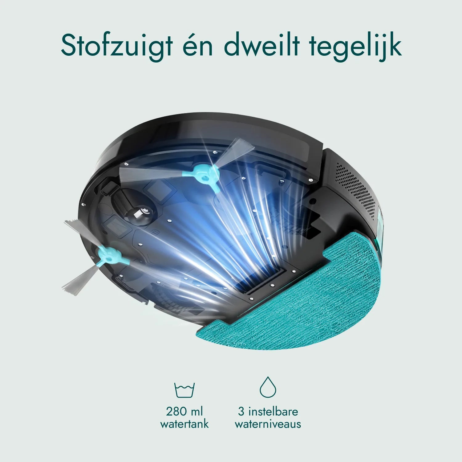 Unterseite eines schwarzen Saug- und Wischroboters mit blauer Wischmopp-Einheit und zwei Seitenbürsten.