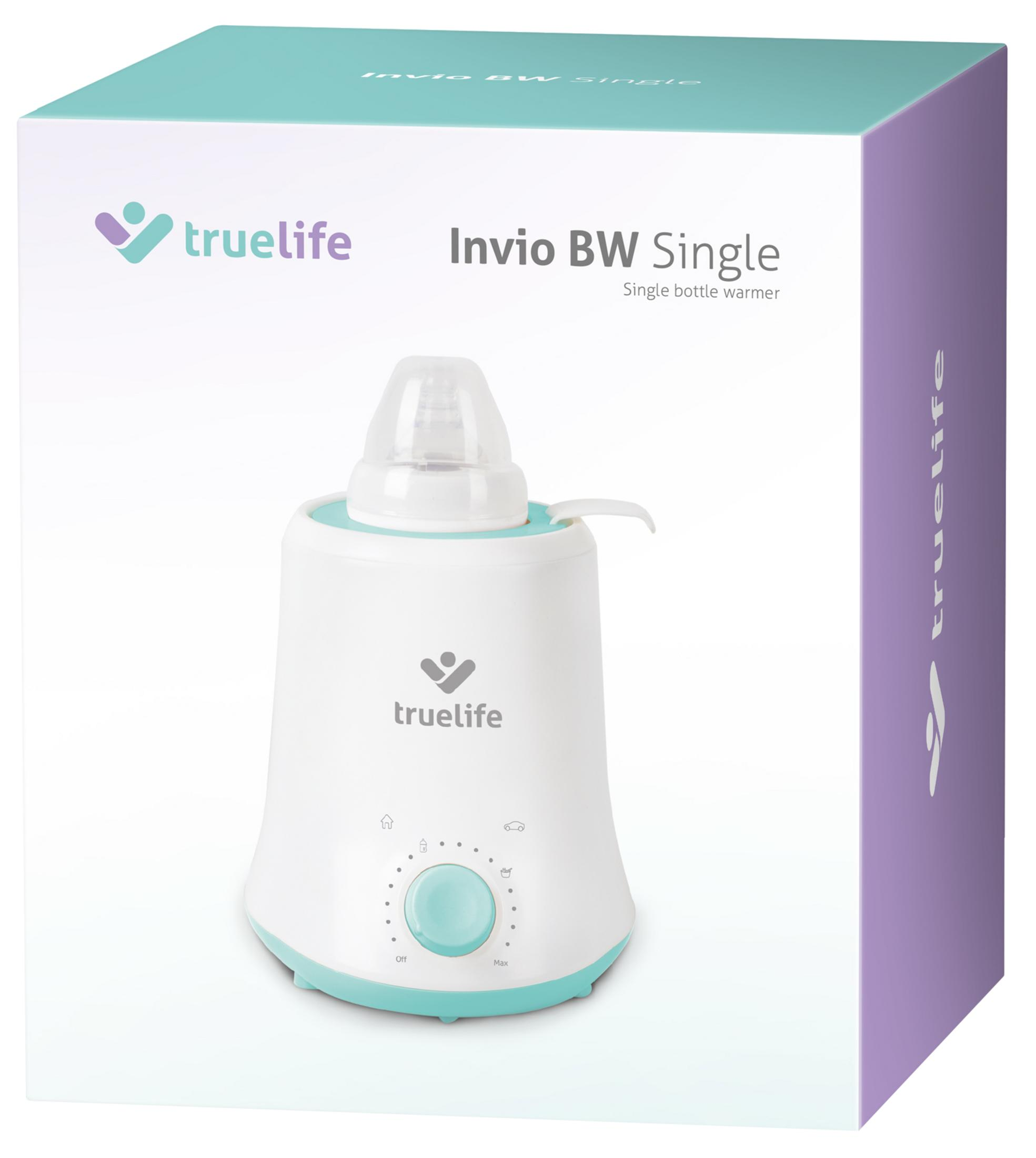 TrueLife Invio BW Single Flaschenwärmer in seiner weiß-türkis-lila Produktverpackung.