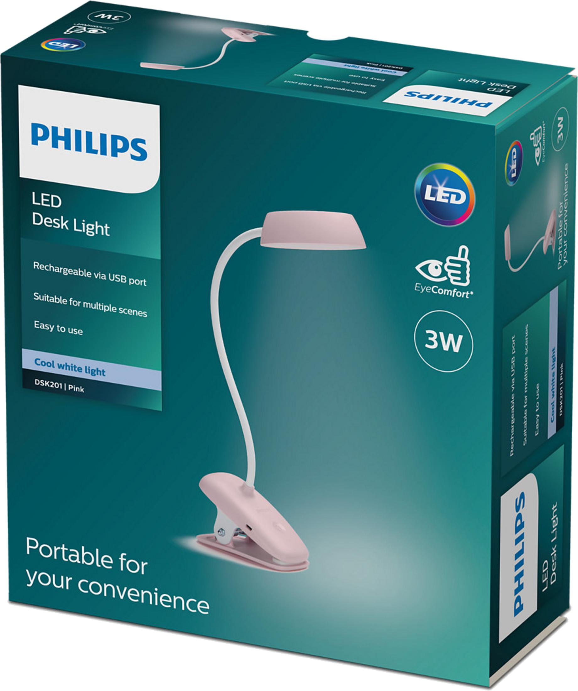 Caja de embalaje para una lámpara de escritorio LED Philips rosa con pinza y puerto USB.