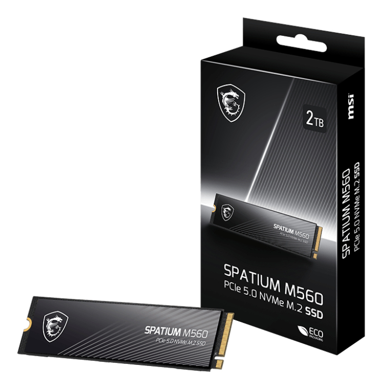 SSD MSI SPATIUM M560 PCIe 5.0 NVMe M.2 y su caja negra con etiqueta de 2TB sobre fondo blanco.