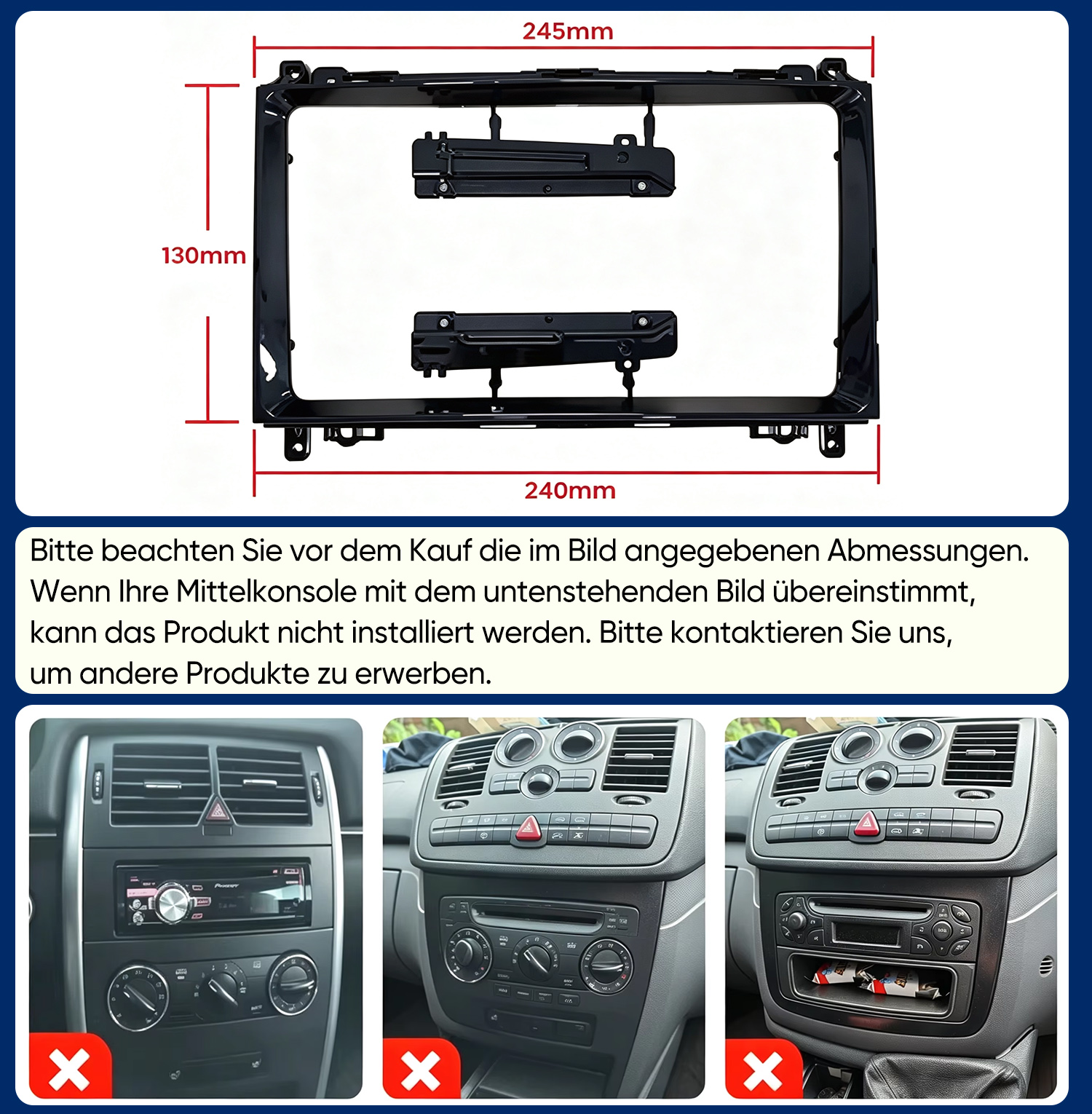 Autoradio-Blende mit Maßen und drei inkompatiblen Armaturenbrett-Beispielen mit rotem X.