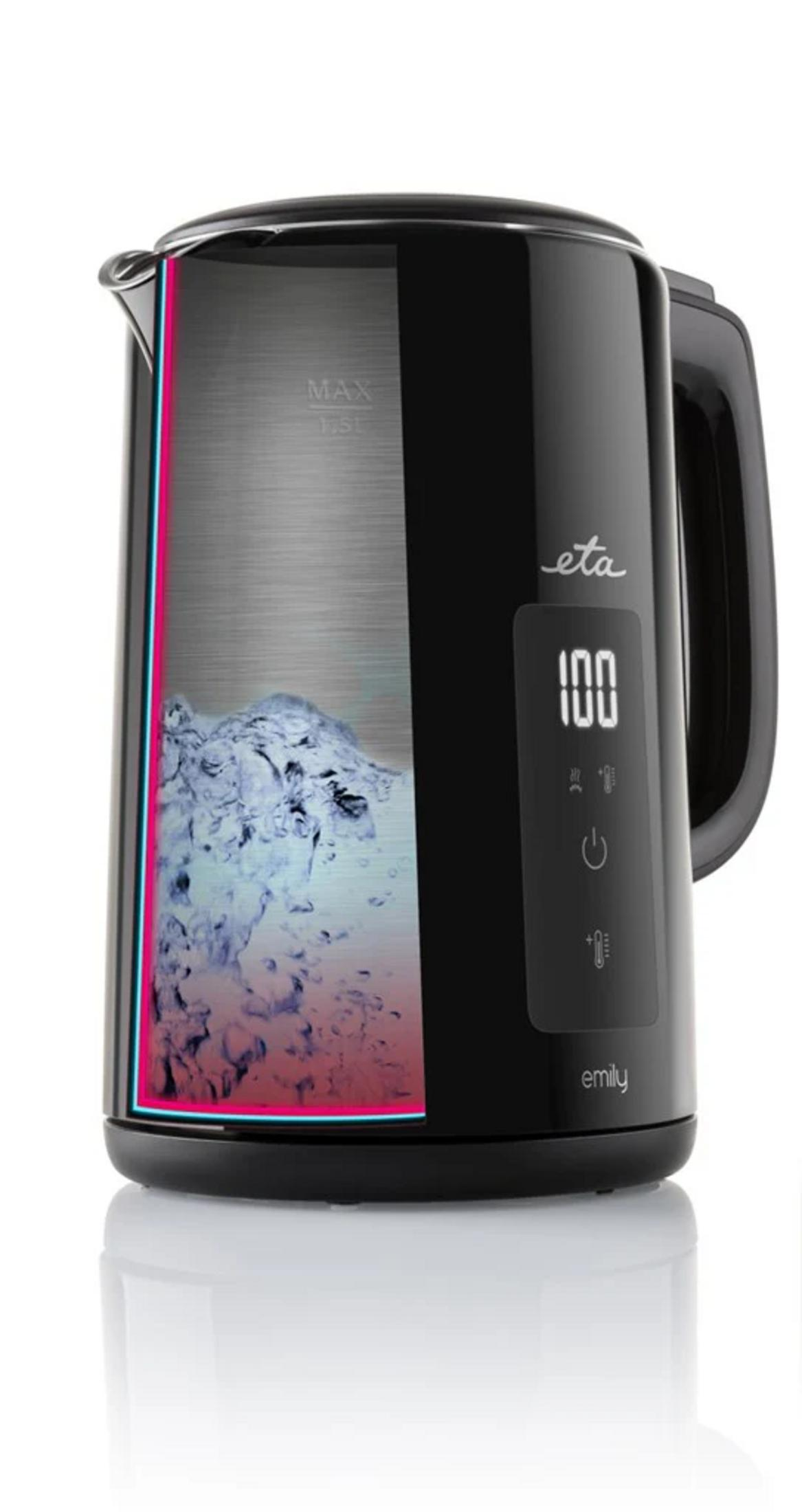 A black electric kettle with a digital temperature display showing 100 degrees and glowing pink light inside.