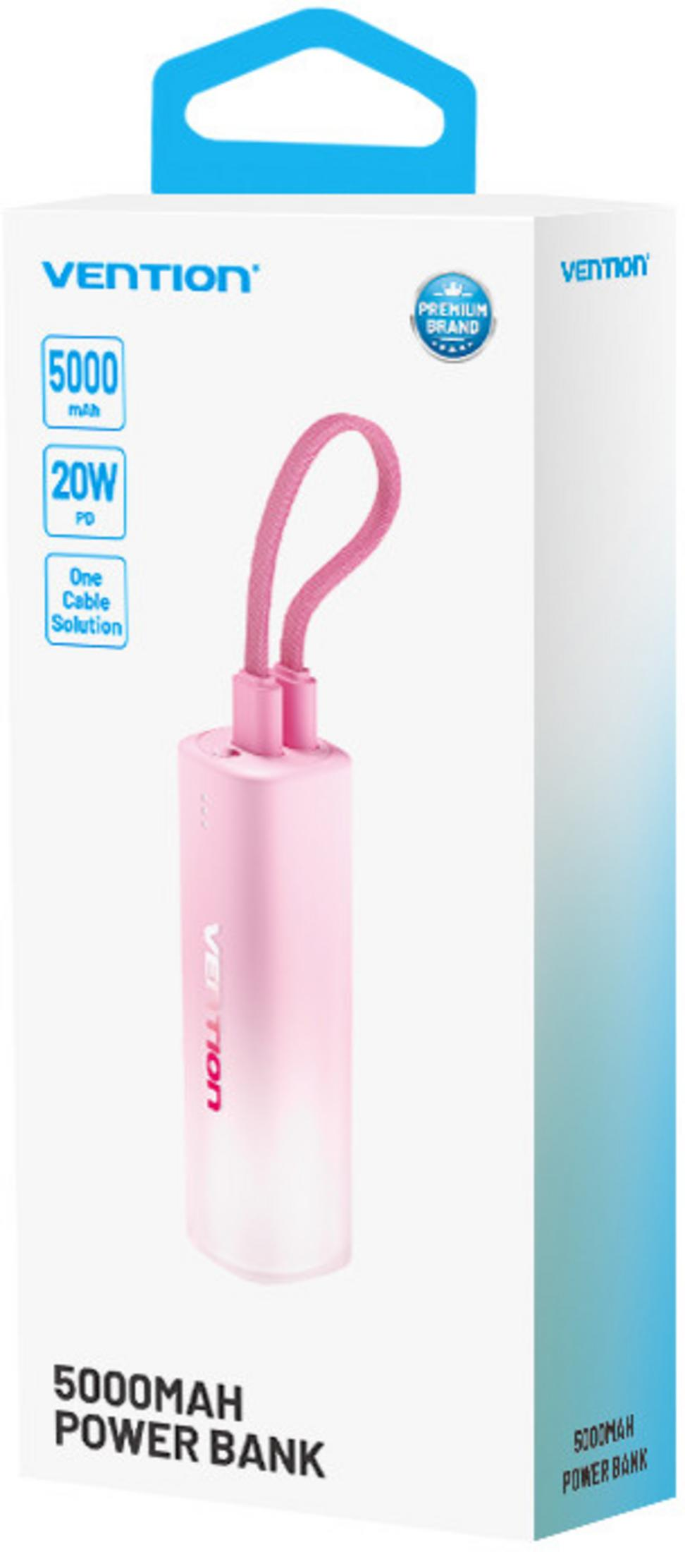 Una scatola bianca e blu mostra un power bank Vention rosa da 5000 mAh con cavo integrato.