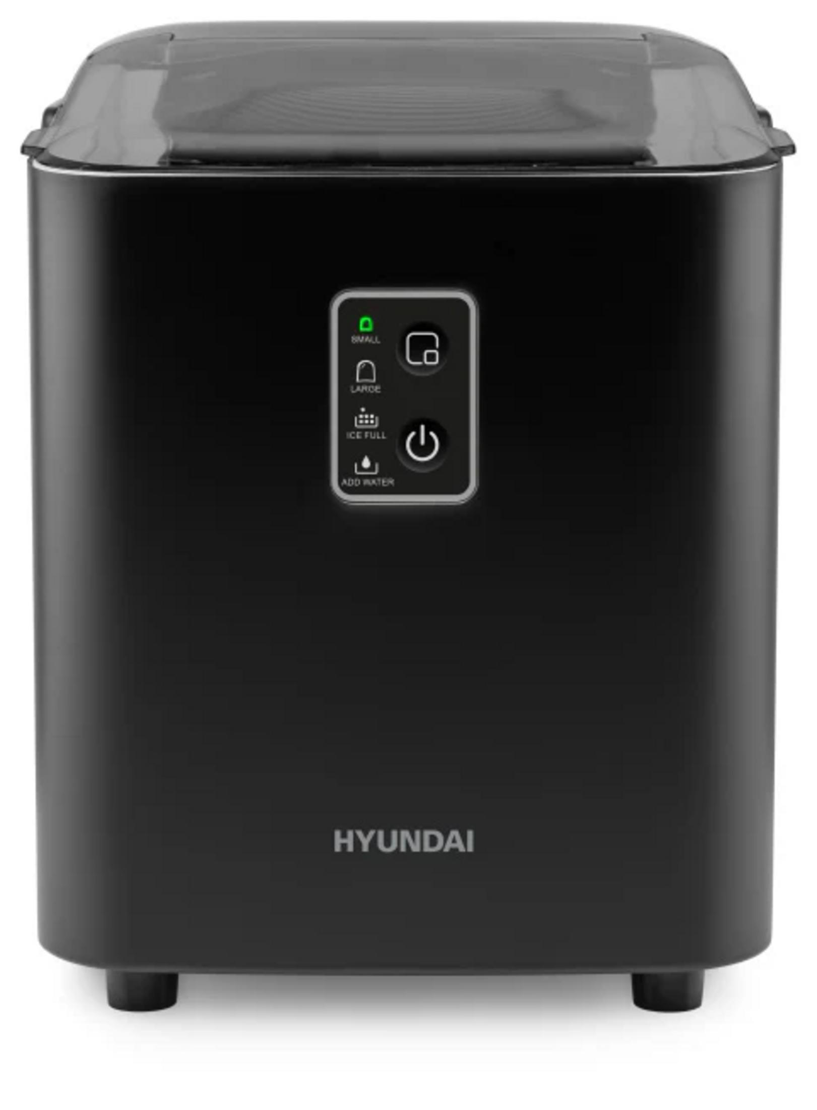 Eine schwarze Hyundai Eismaschine mit digitalem Bedienfeld und klarem Deckel auf weißem Hintergrund.