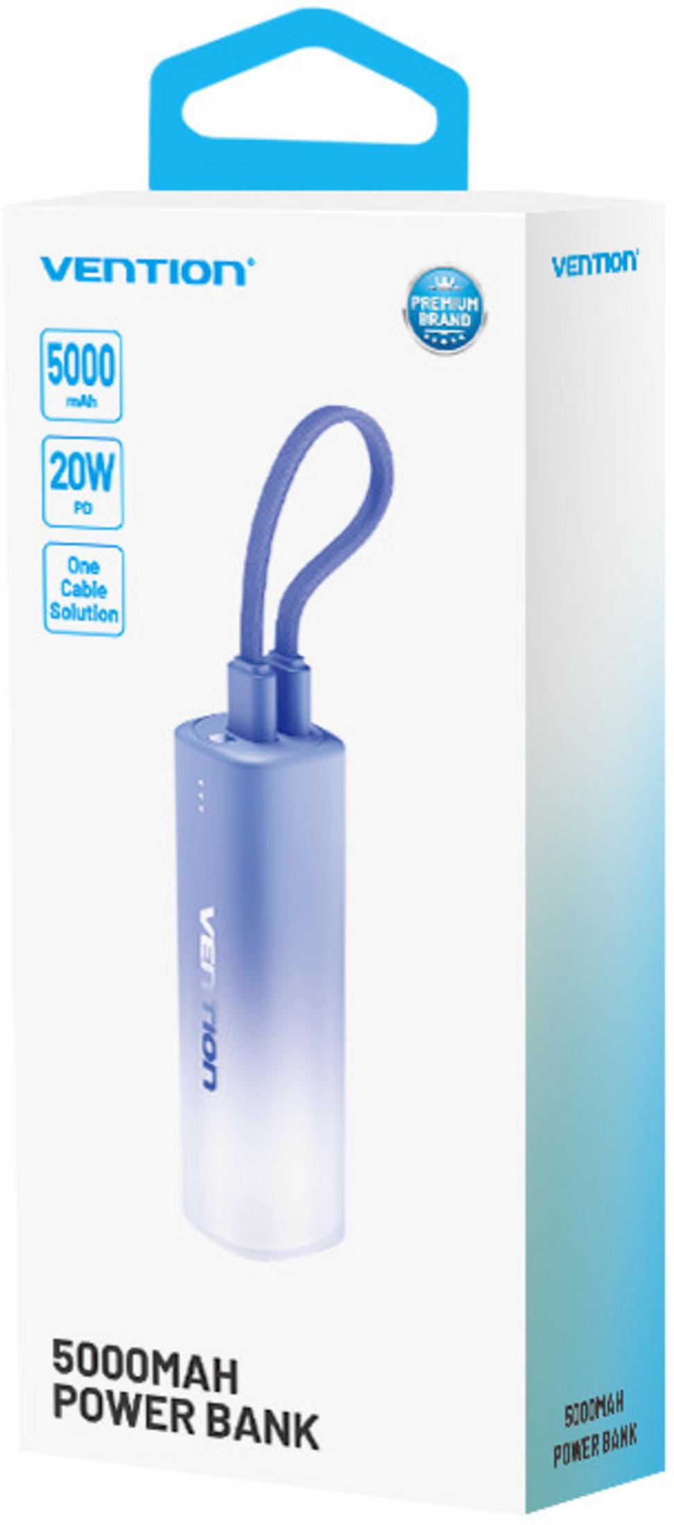 Blue Vention 5000mAh power bank in white packaging with an integrated cable.