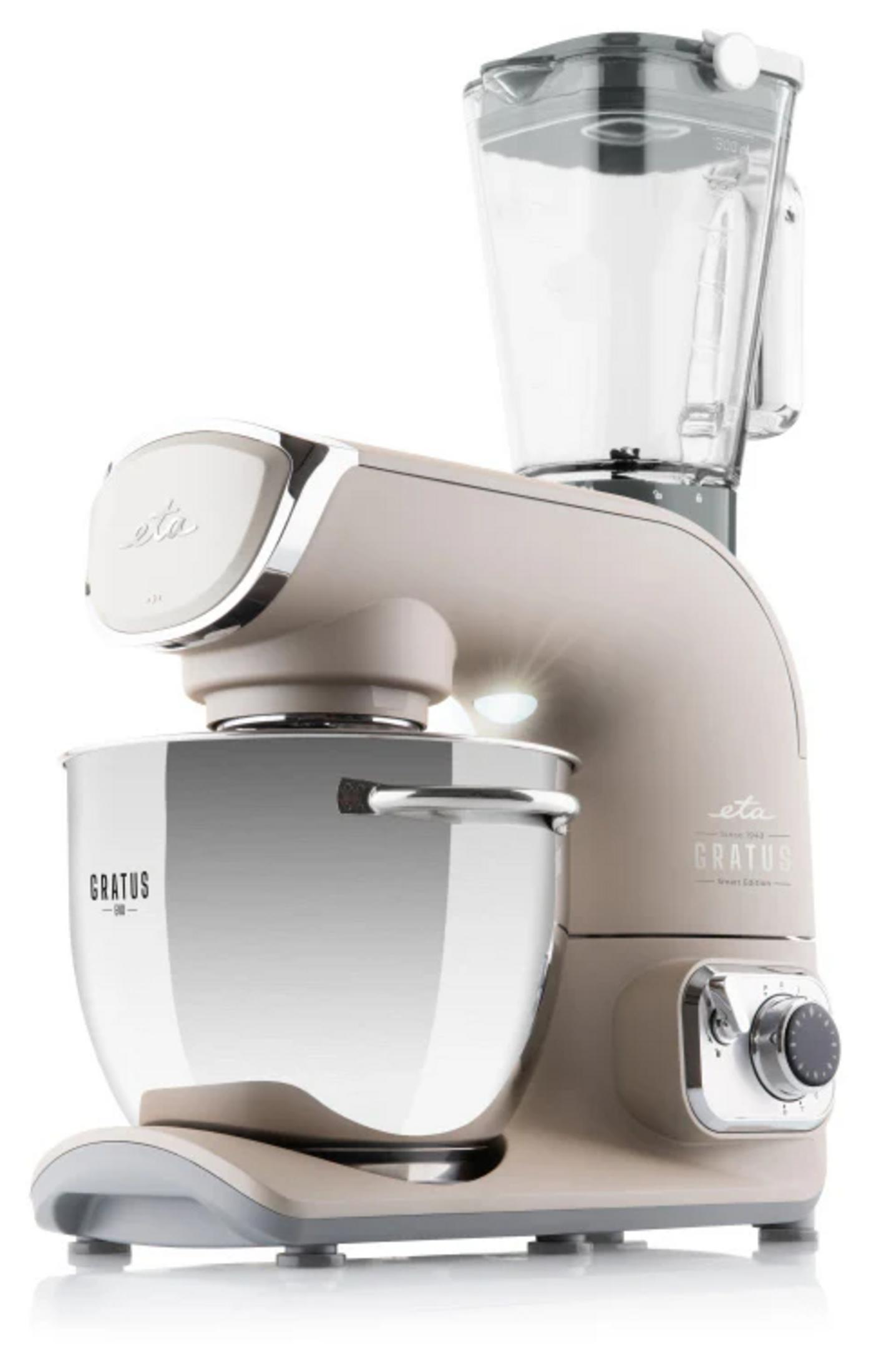Beigefarbene Küchenmaschine Grutus mit Edelstahlschüssel und aufgesetztem Mixer auf weißem Hintergrund.