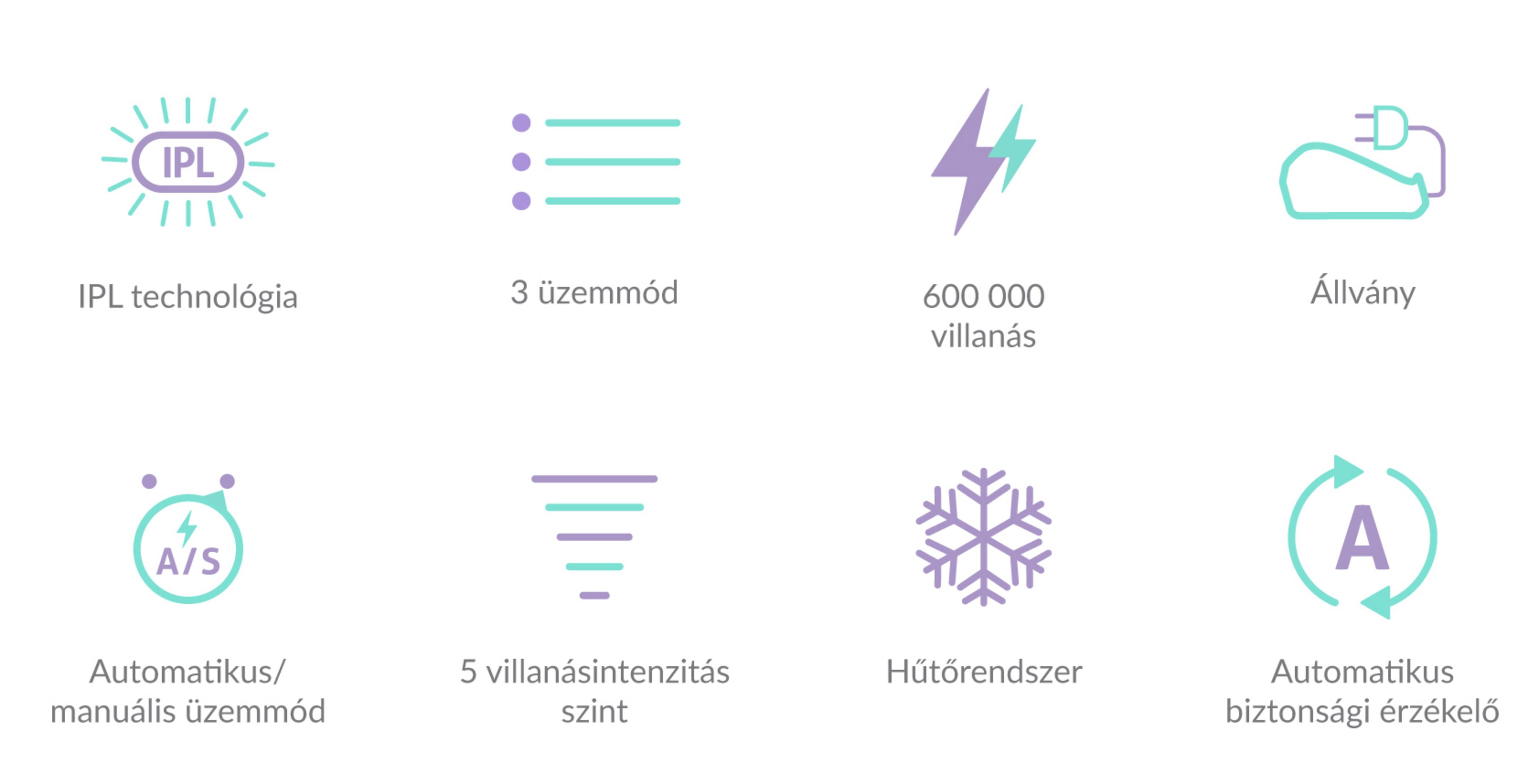 Acht Symbole in zwei Reihen mit Text darunter, die IPL-Technologie, Modi, Blitzanzahl und Funktionen zeigen.
