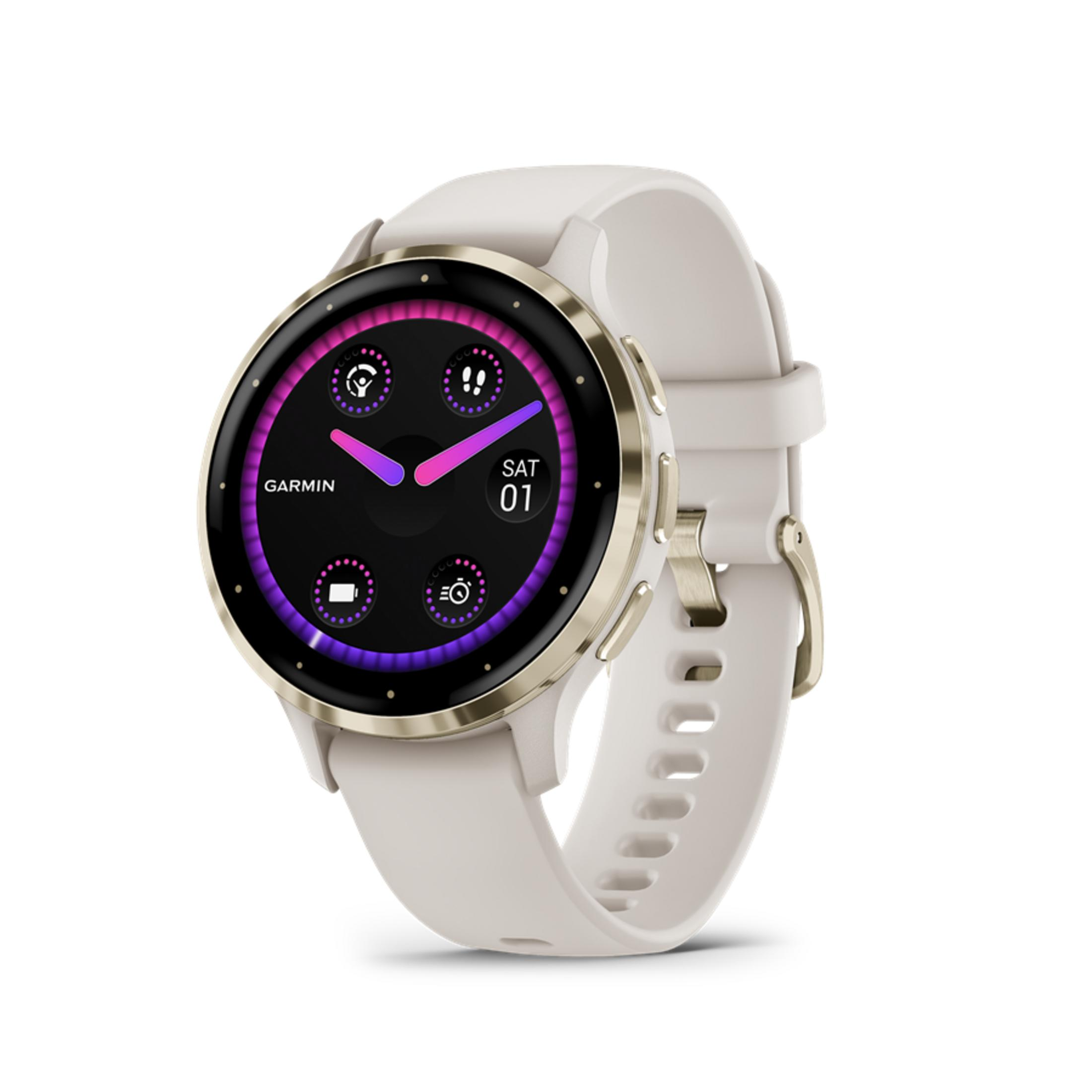 Un reloj inteligente Garmin con correa de silicona clara, bisel dorado y pantalla circular con detalles brillantes en rosa y púrpura.
