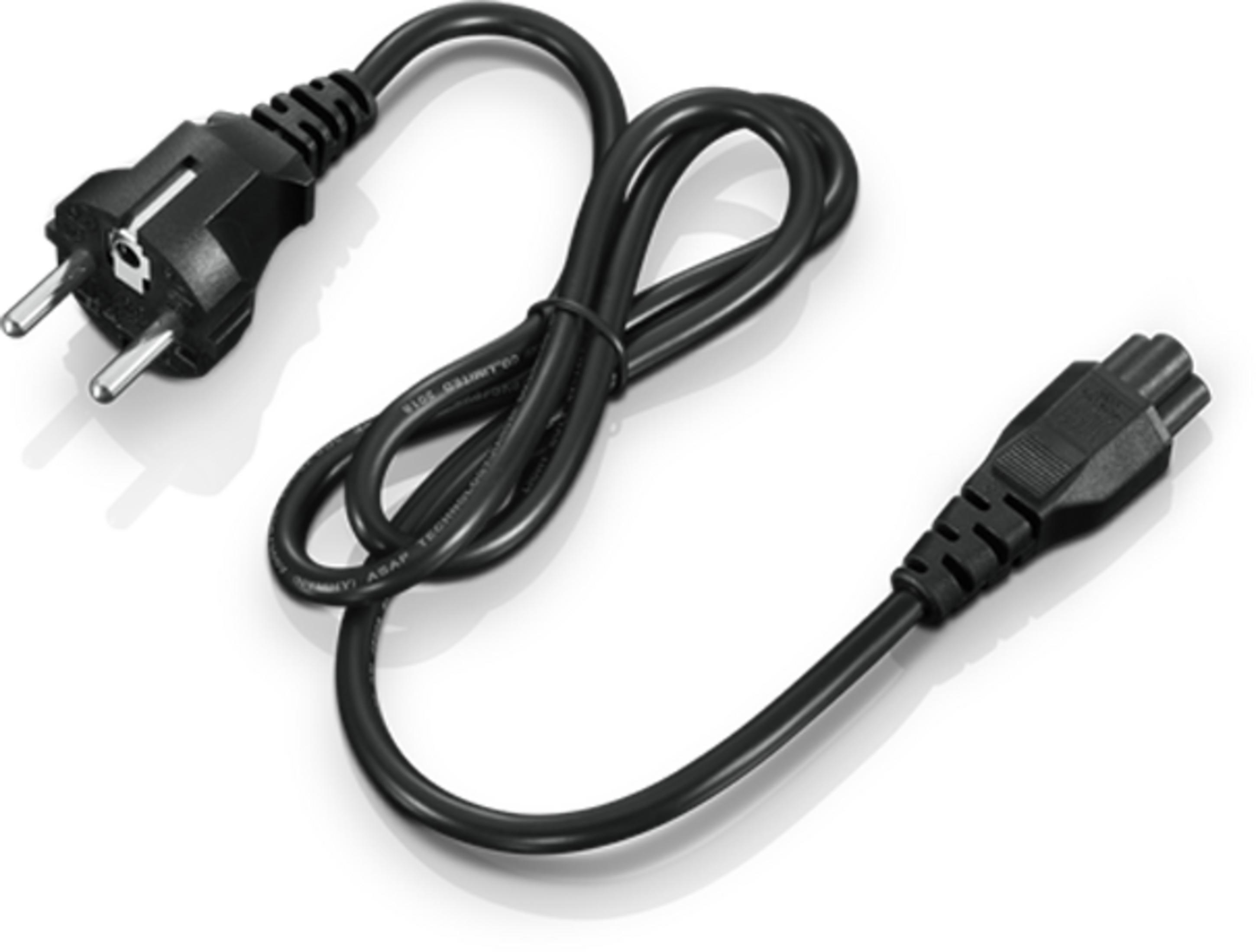 Ein aufgerolltes schwarzes Stromkabel mit EU-Stecker und Buchse auf weißem Hintergrund.