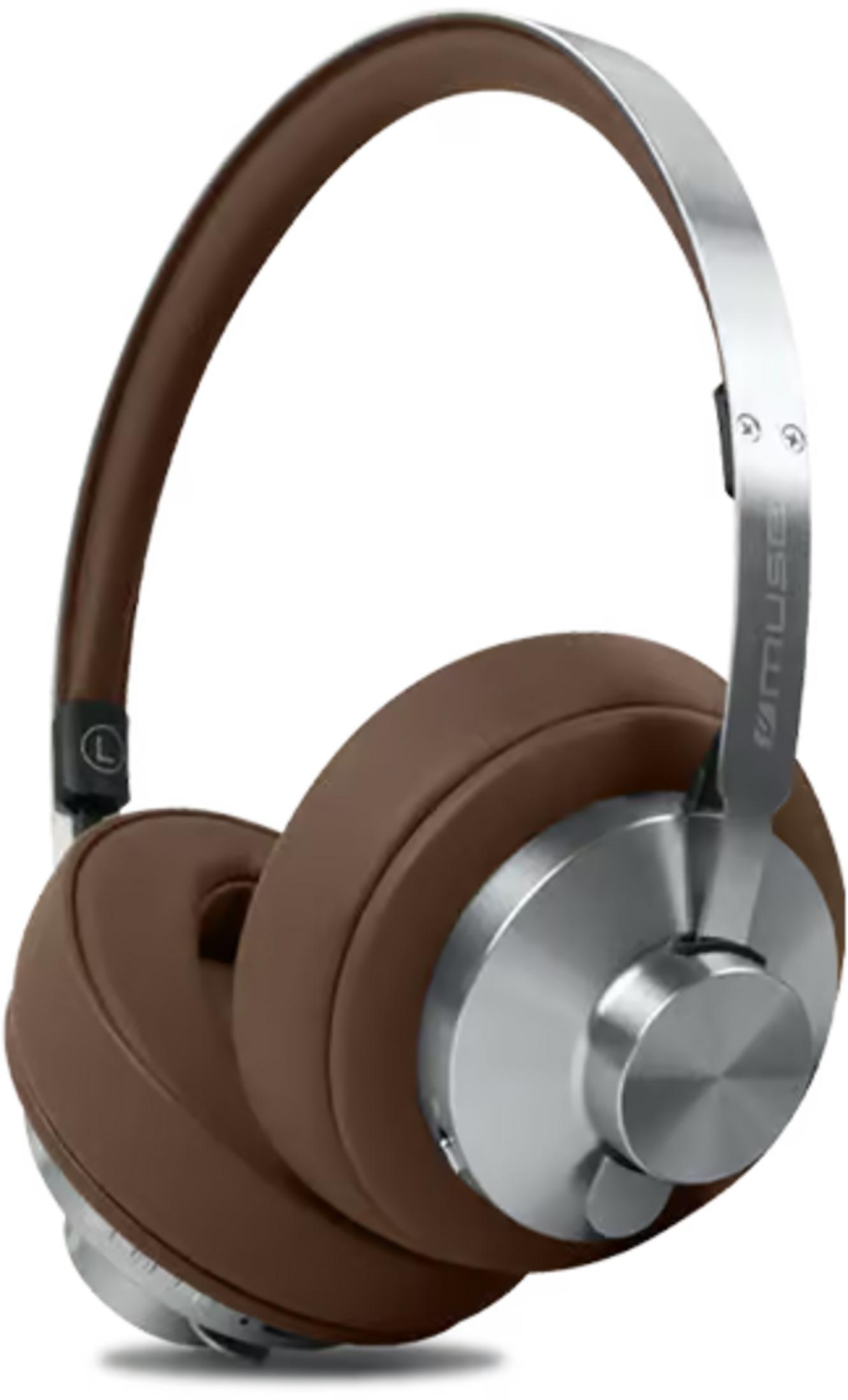 Cuffie over-ear marroni e argento con padiglioni imbottiti e archetto in metallo regolabile.
