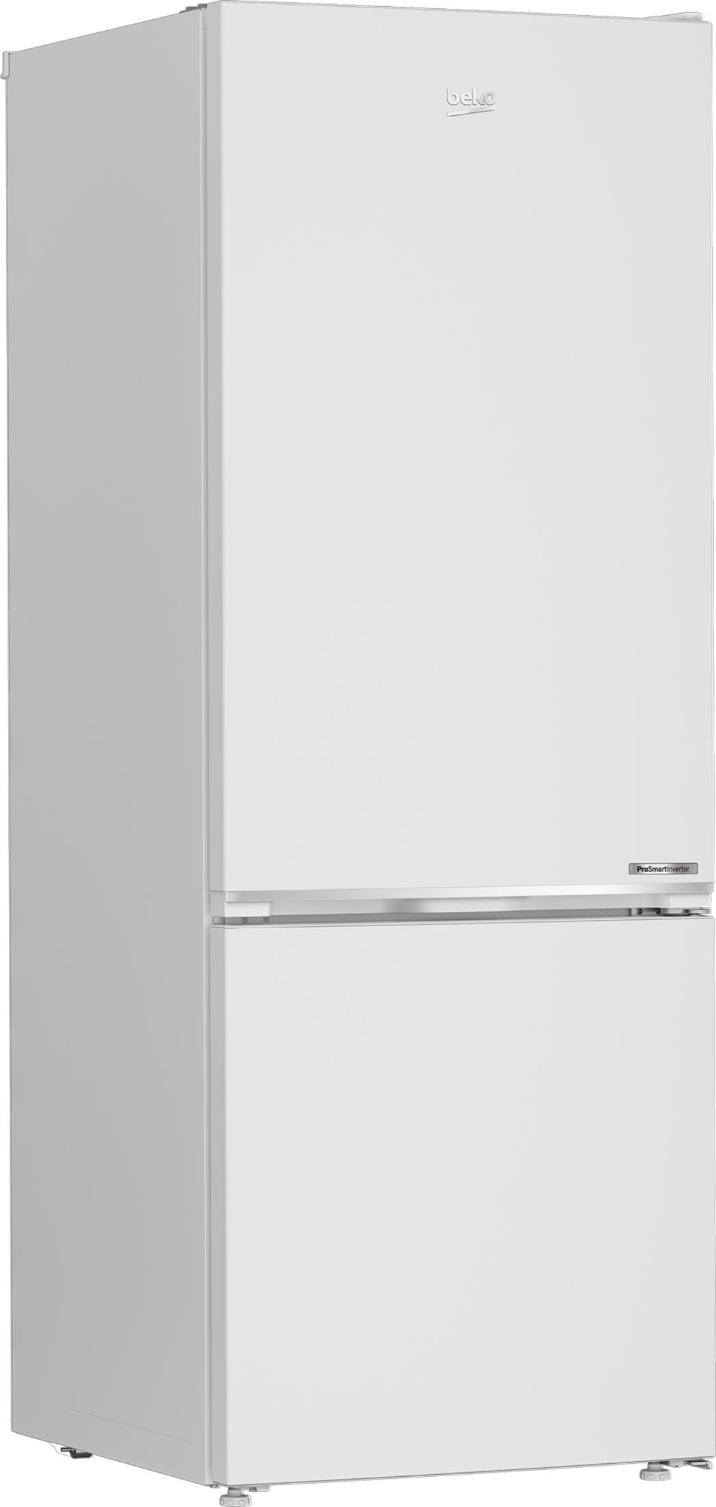 Un refrigerador-congelador blanco Beko ProSmartInverter con congelador inferior sobre fondo blanco.
