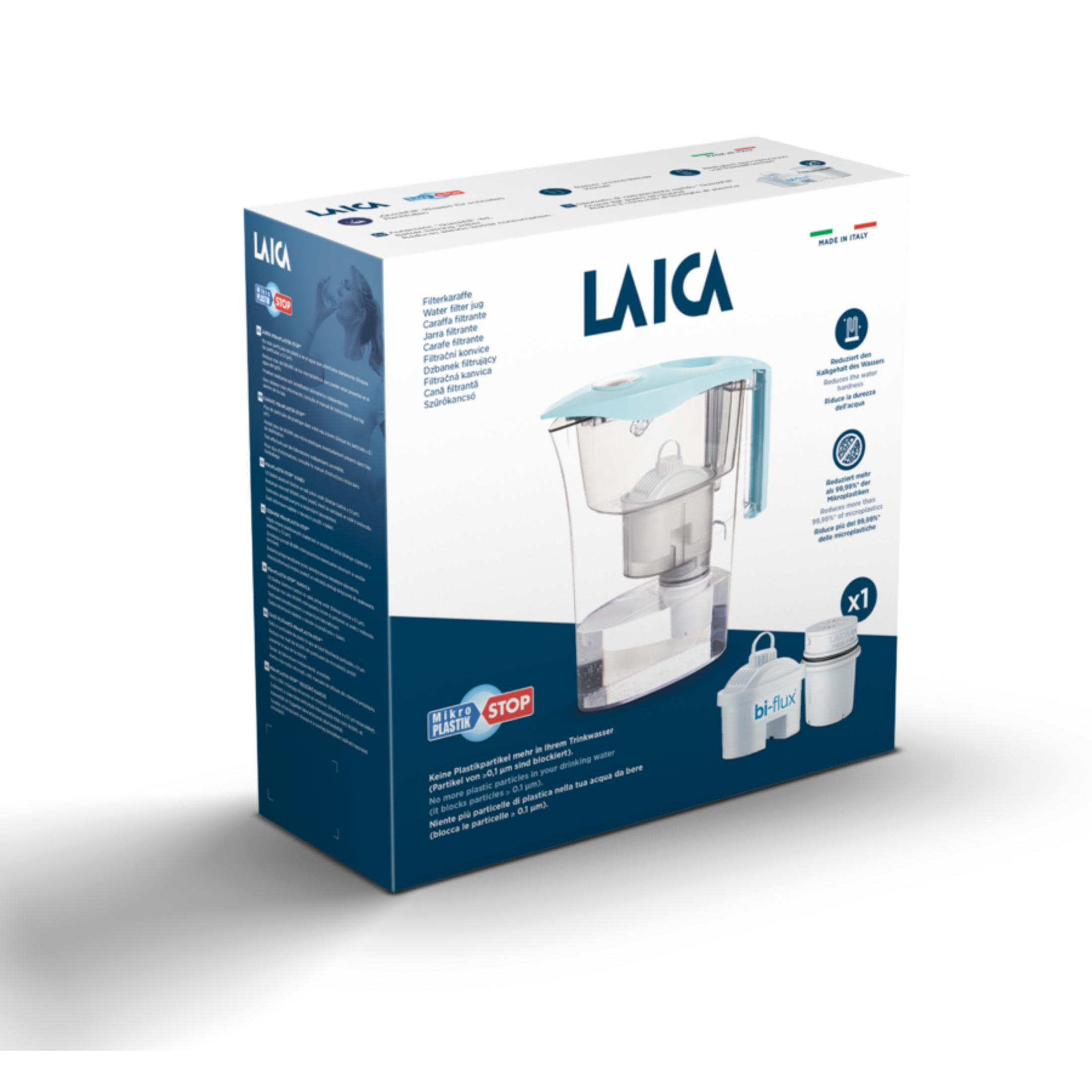 Opakowanie produktu dzbanka filtrującego do wody Laica w kolorze białym i niebieskim z akcesoriami.