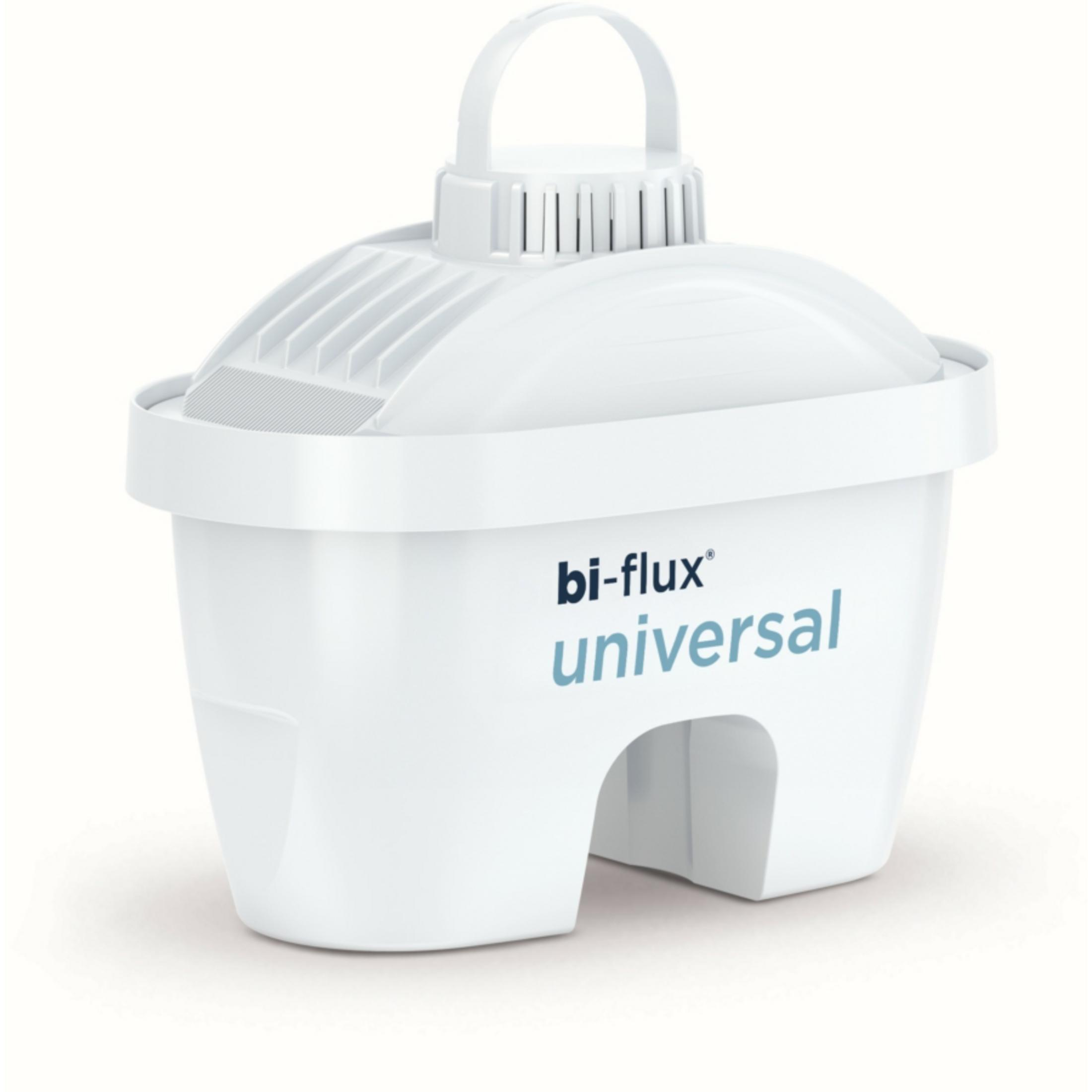 Ein weißer Bi-Flux Universal-Wasserfilter mit Griff auf weißem Grund.