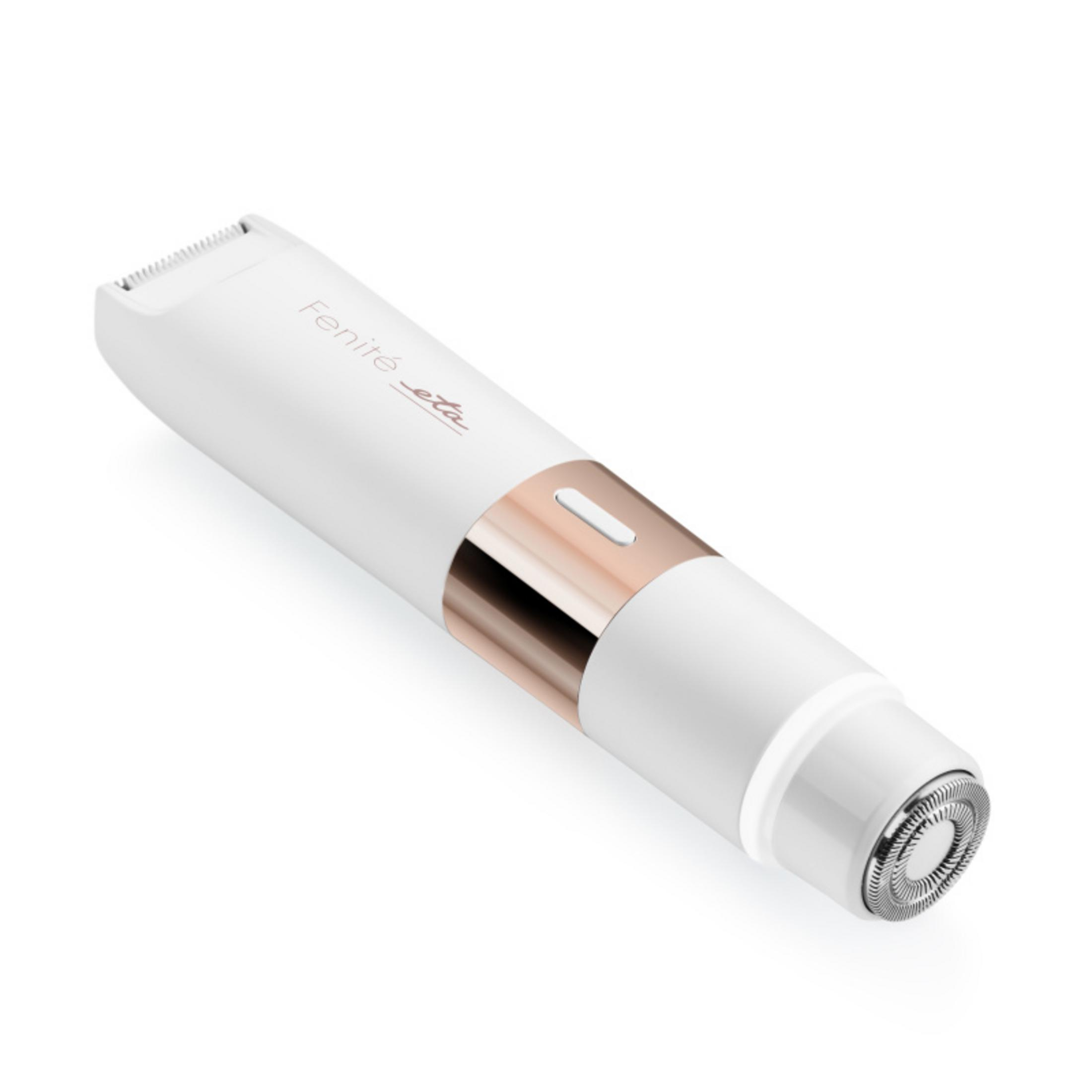 Ein weiß-roségoldener elektrischer Trimmer mit zwei Köpfen auf weißem Grund.