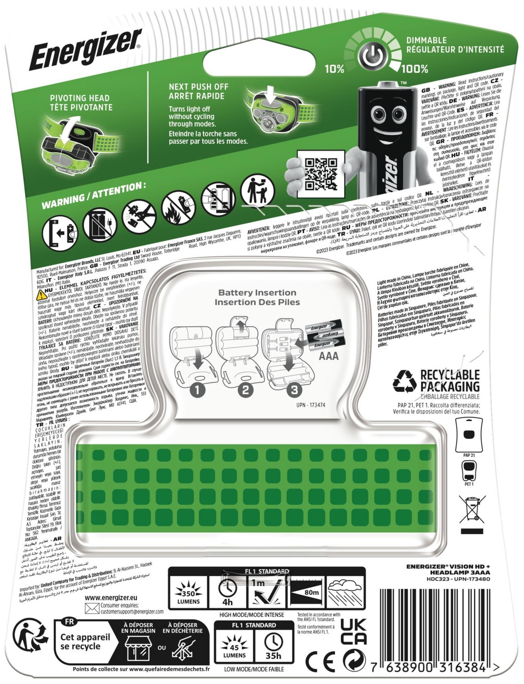 Verpackung einer Energizer LED-Stinrnlamp mit Anleitungen und Spezifikationen.