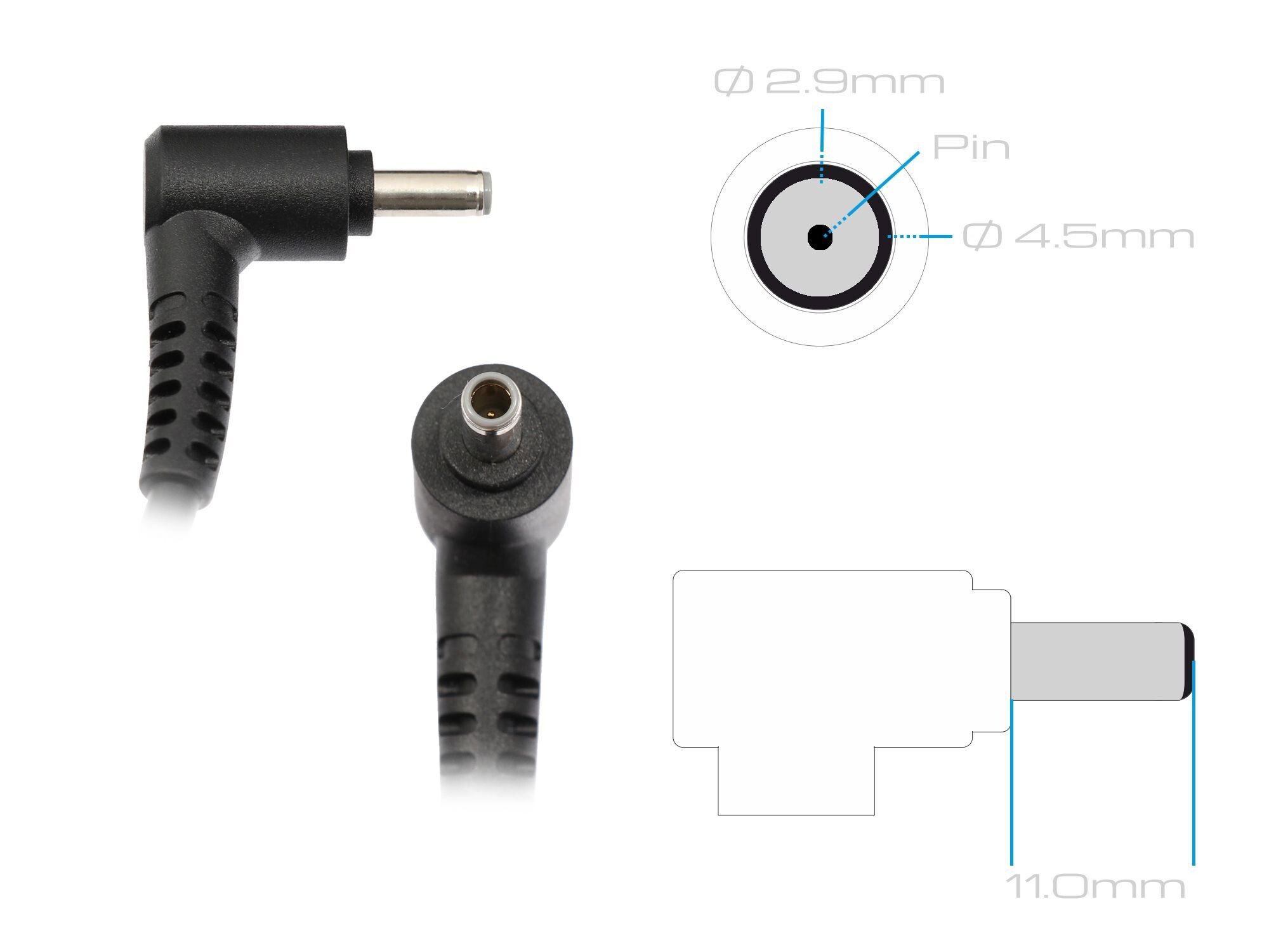 Winkel-DC-Netzstecker mit Maßen für 2,9 mm Pin und 4,5 mm Aussendurchmesser.