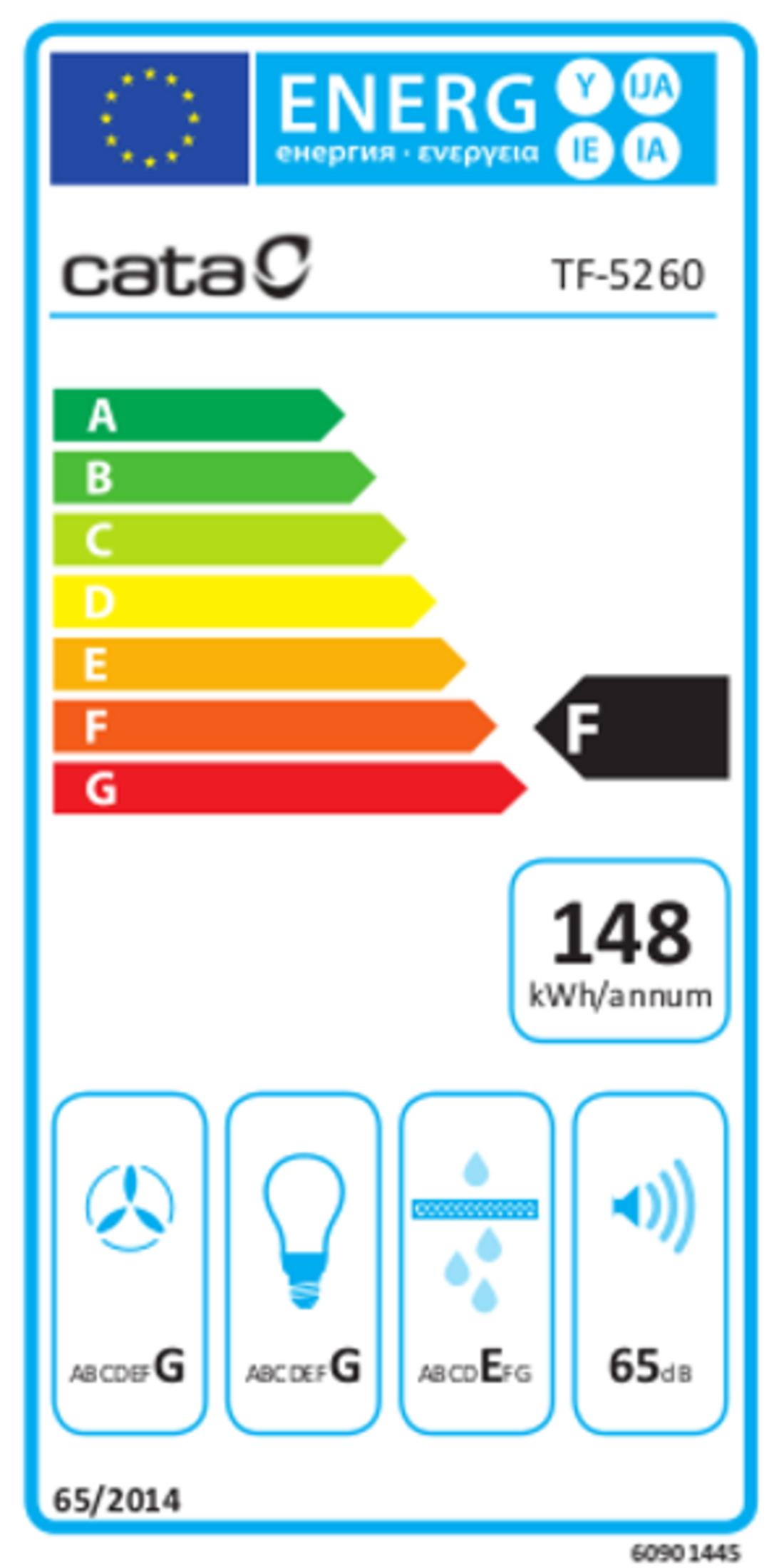 Etiqueta energética UE para Cata TF-5260, clase F, con 148 kWh/año y 65 dB de ruido.