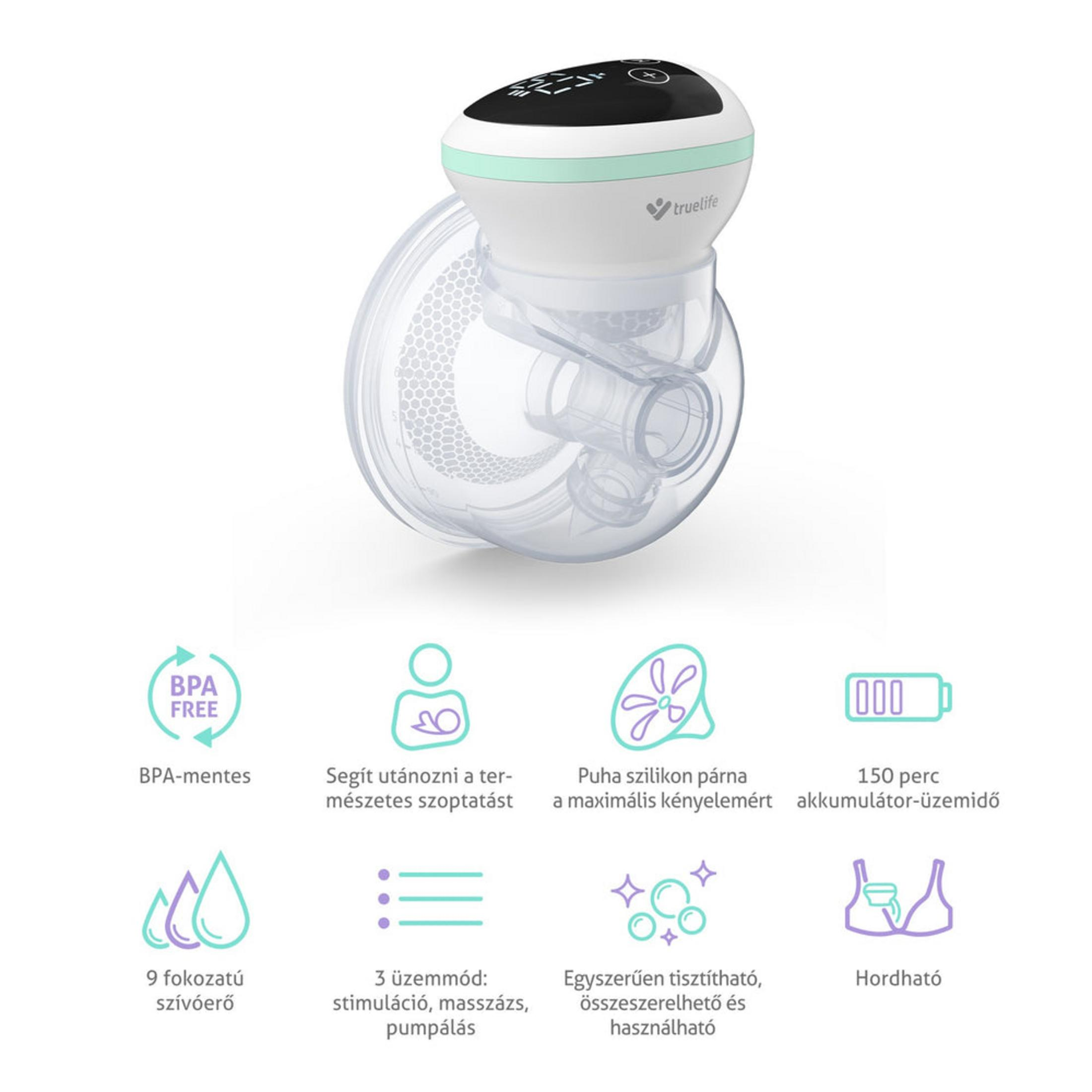 Un tiralatte elettrico con accessori e icone che spiegano funzioni come senza BPA e varie modalità.