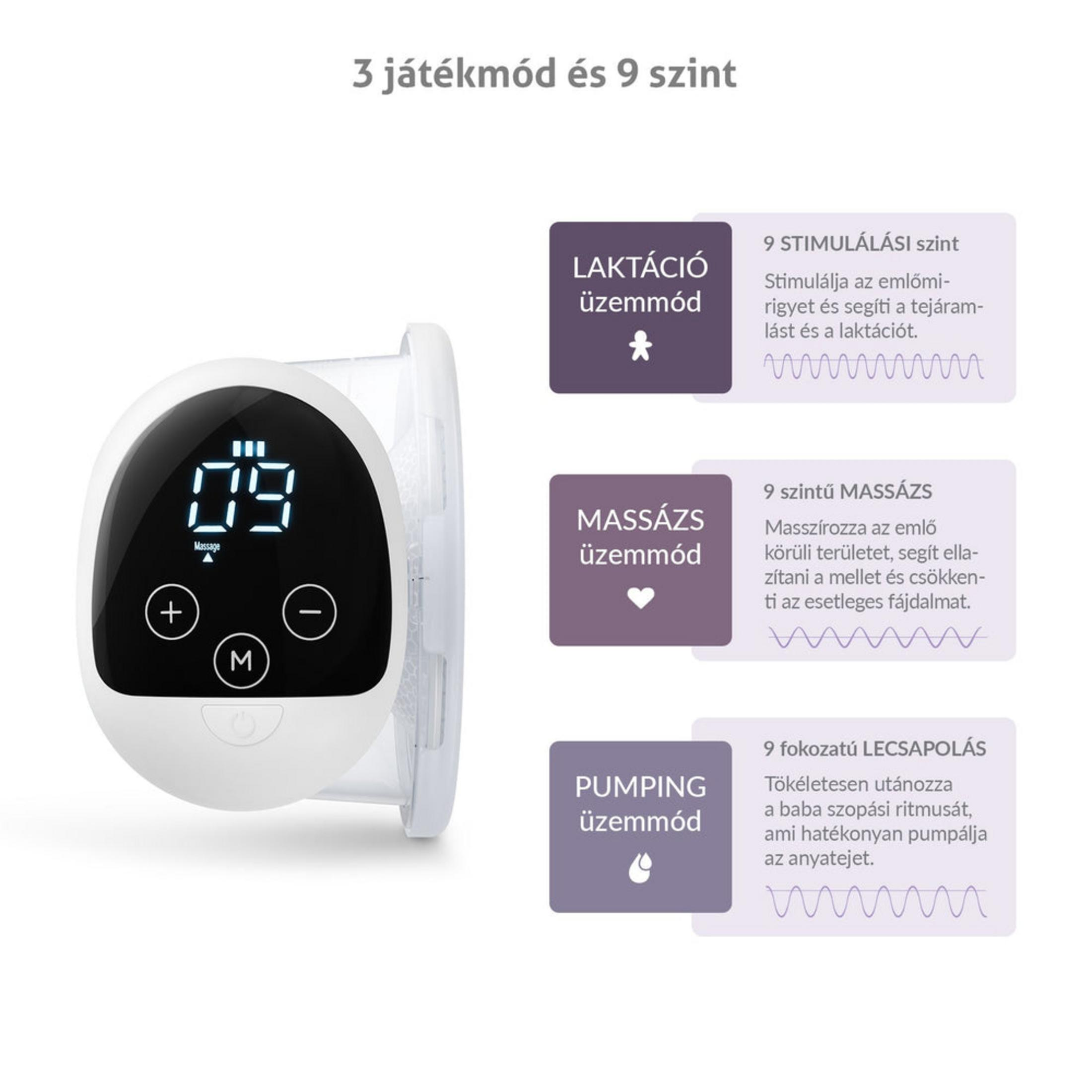 Tiralatte elettrico portatile con display LED e tre modalità di funzionamento, ciascuna con nove livelli.