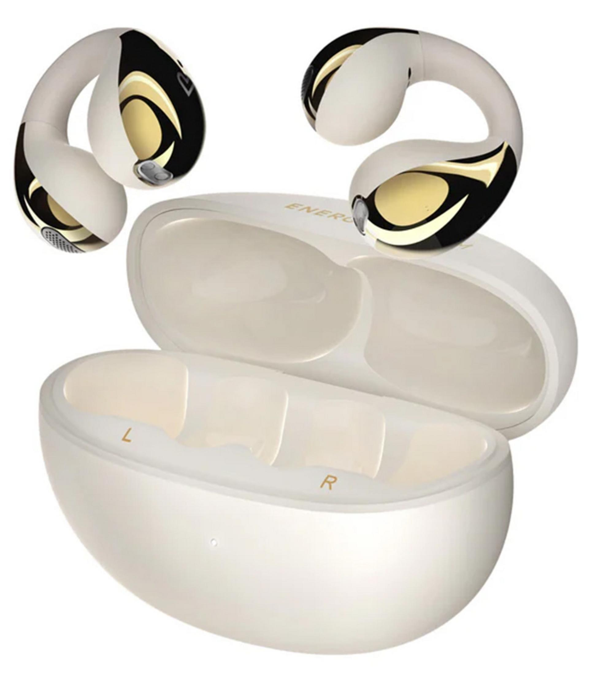 Auriculares inalambricos blancos y dorados flotando sobre su estuche.