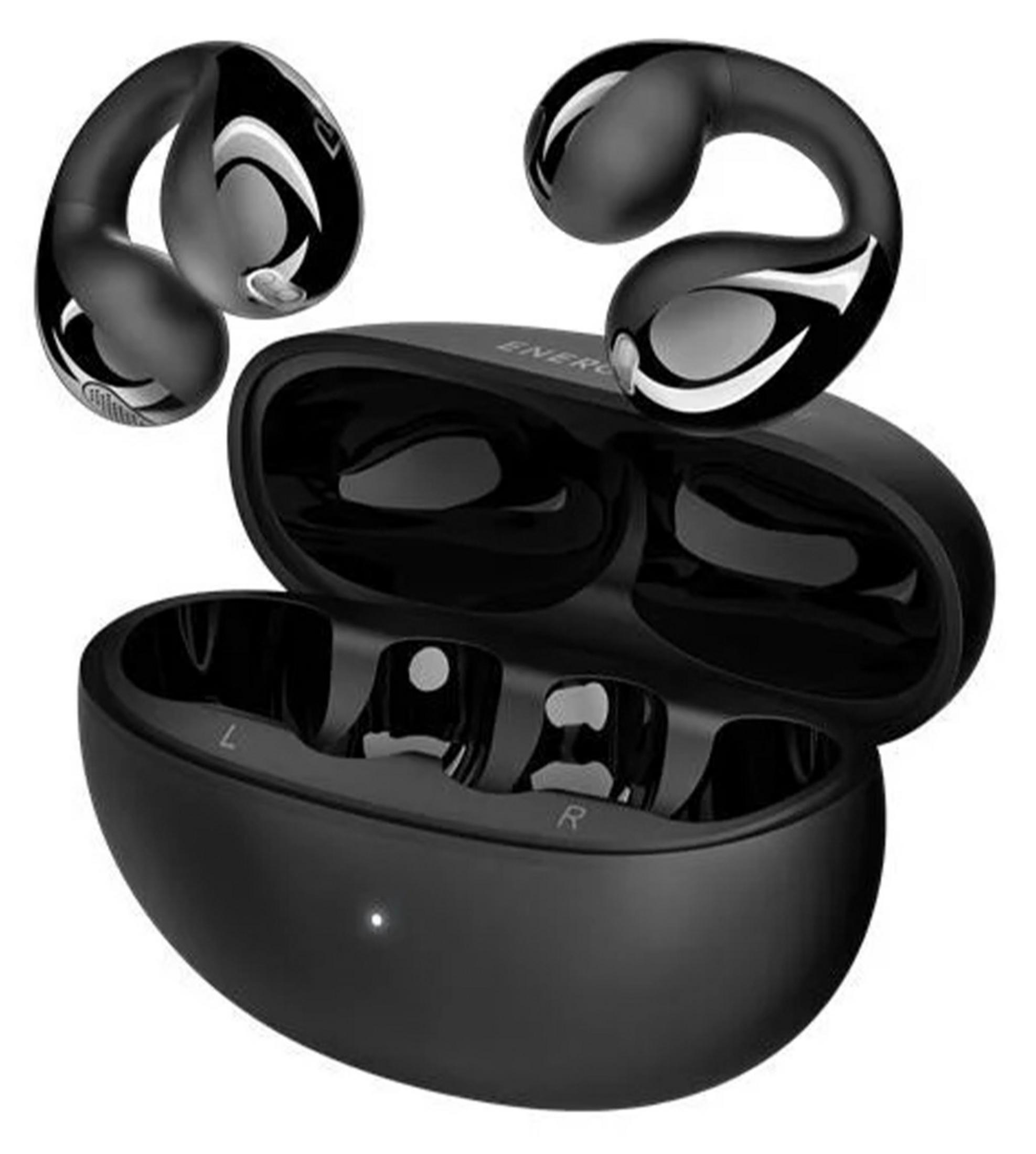 Auriculares inalámbricos negros brillantes flotando sobre su estuche.