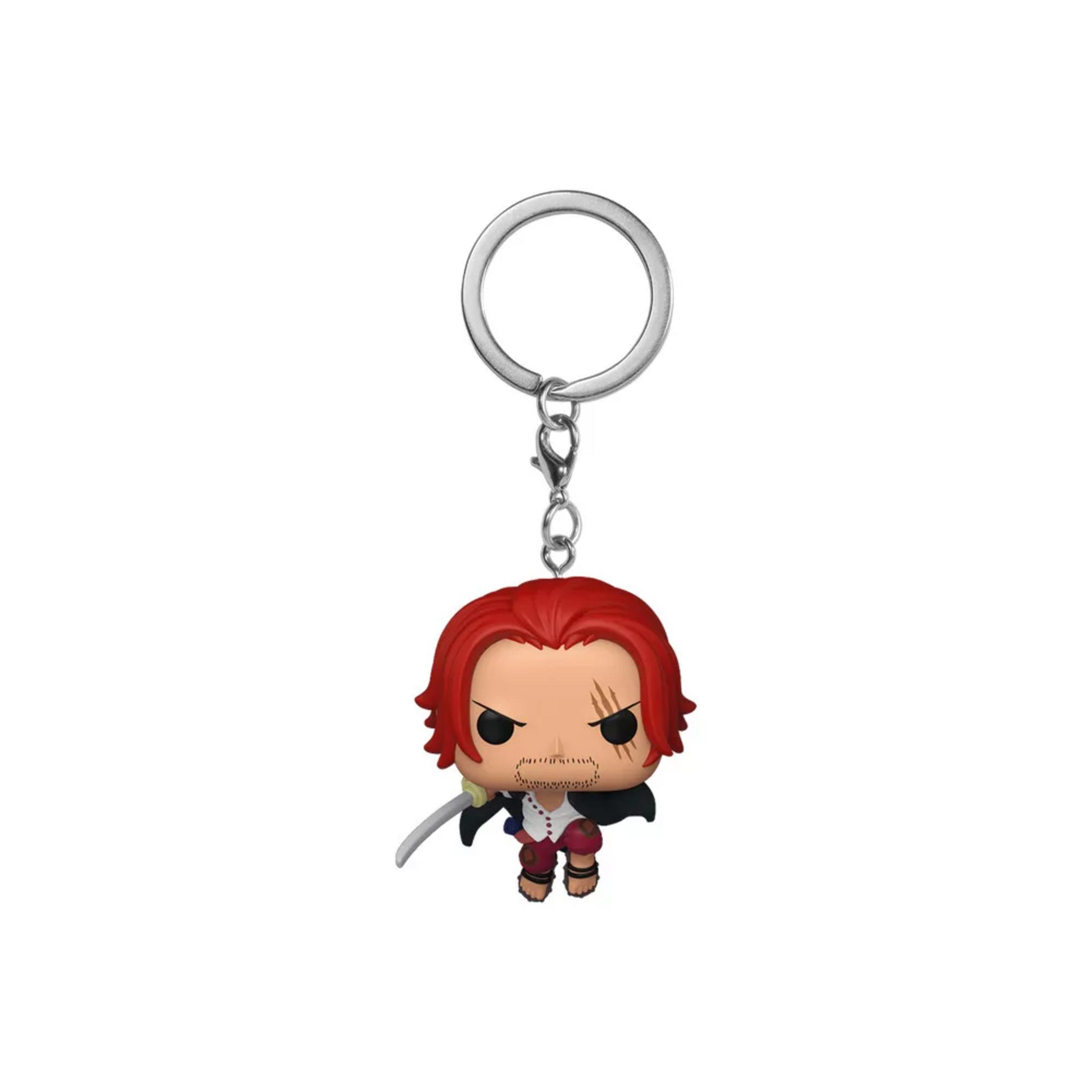 Ein Vinyl-Schlüsselanhänger von Shanks aus One Piece mit roten Haaren, Narben im Gesicht und einem Schwert.