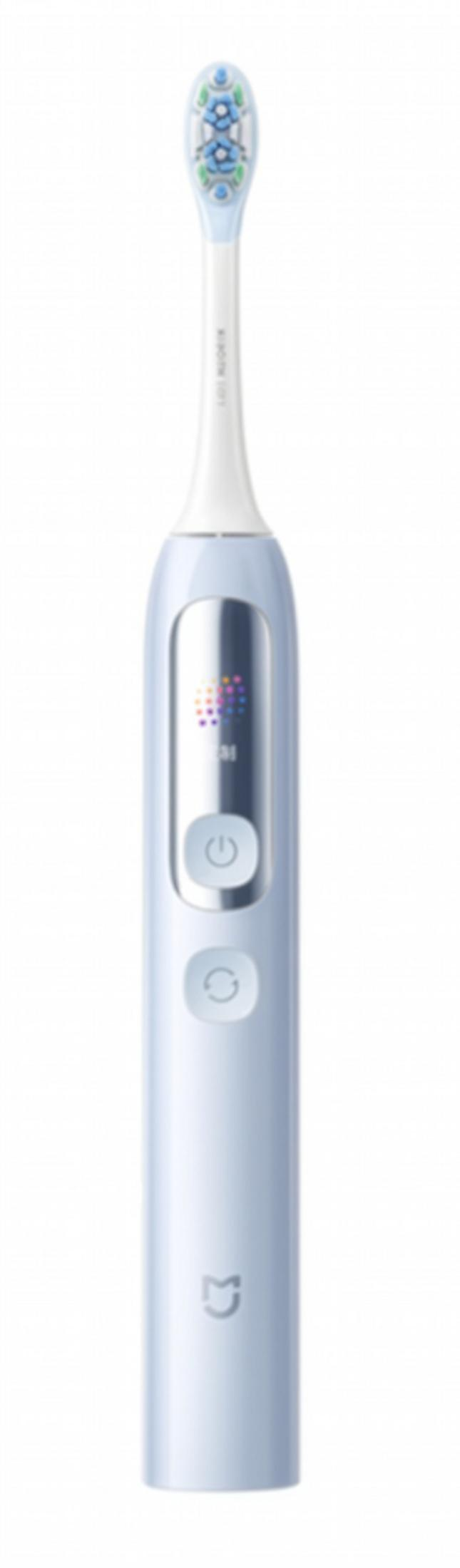 Uno spazzolino elettrico azzurro con display digitale, pulsante di accensione e testina bianca.
