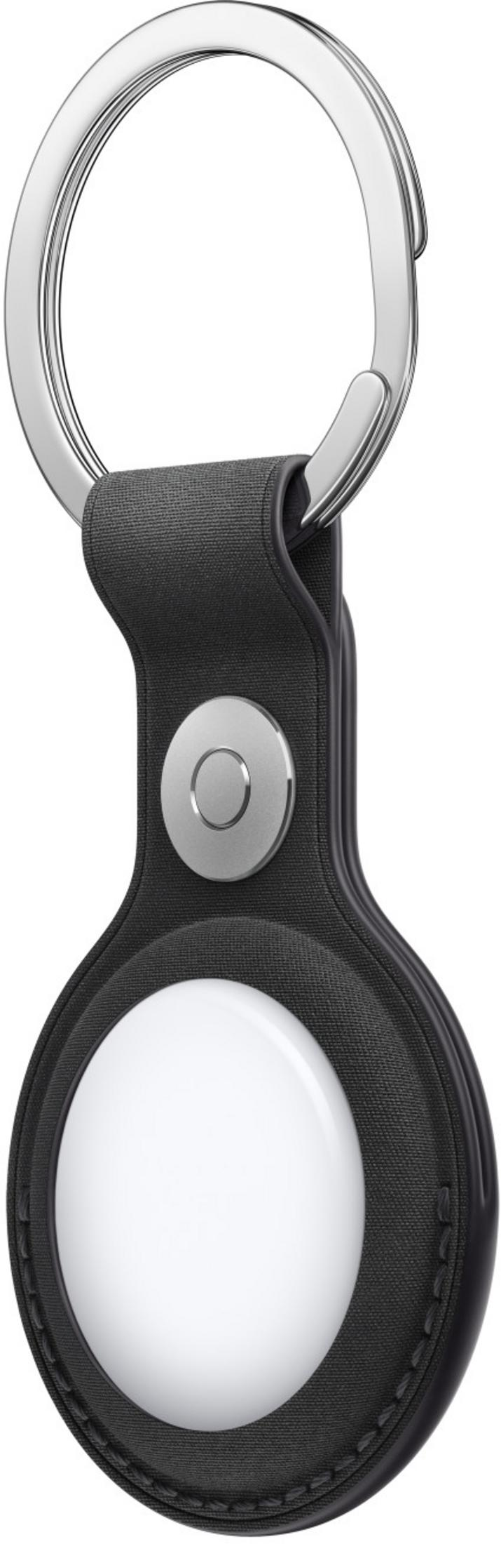 Llavero de cuero negro con anillo plateado y rastreador integrado.