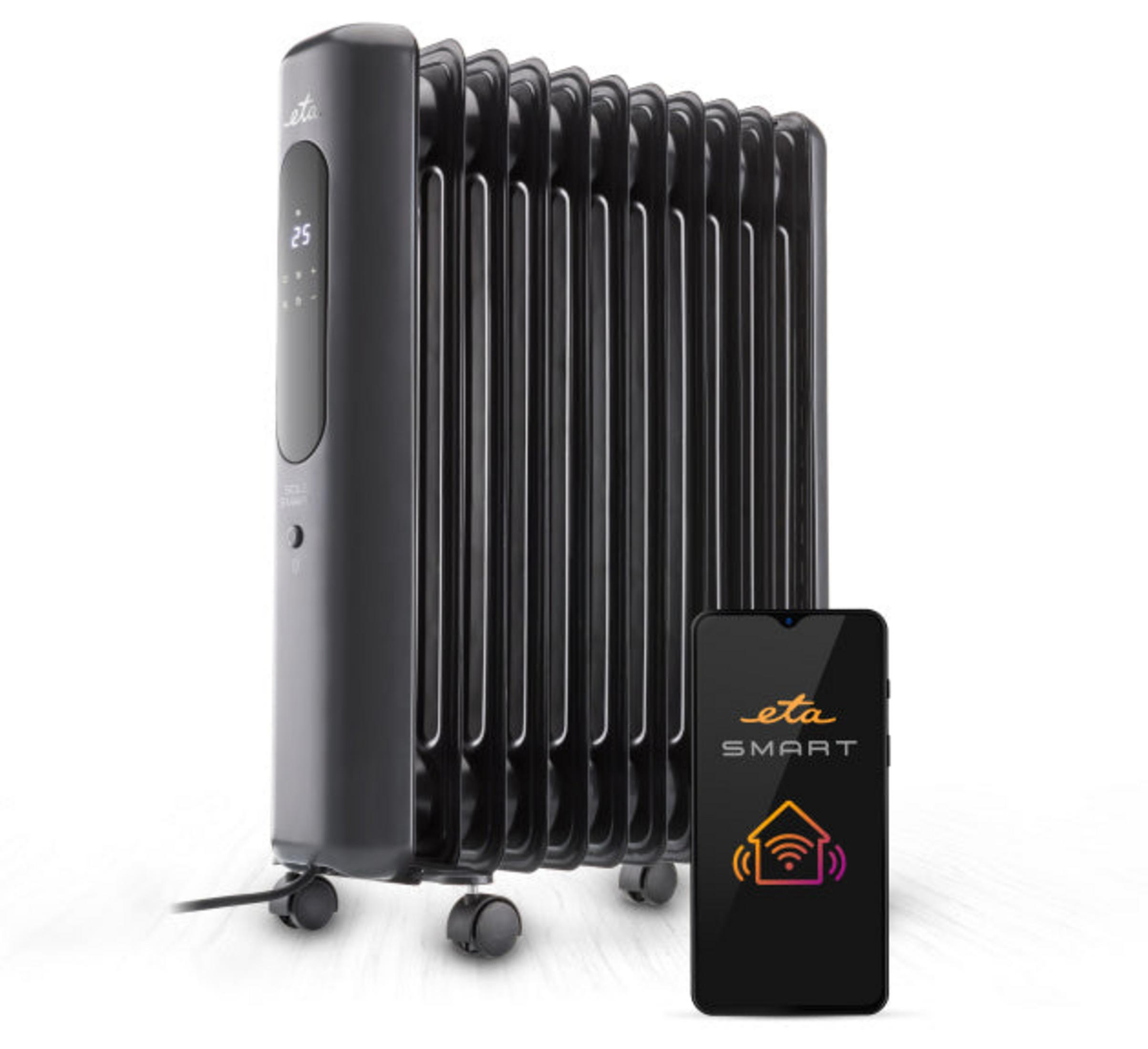 Schwarzer Oelradiator mit digitalen Bedienelementen und einem Smartphone mit Eta Smart App.
