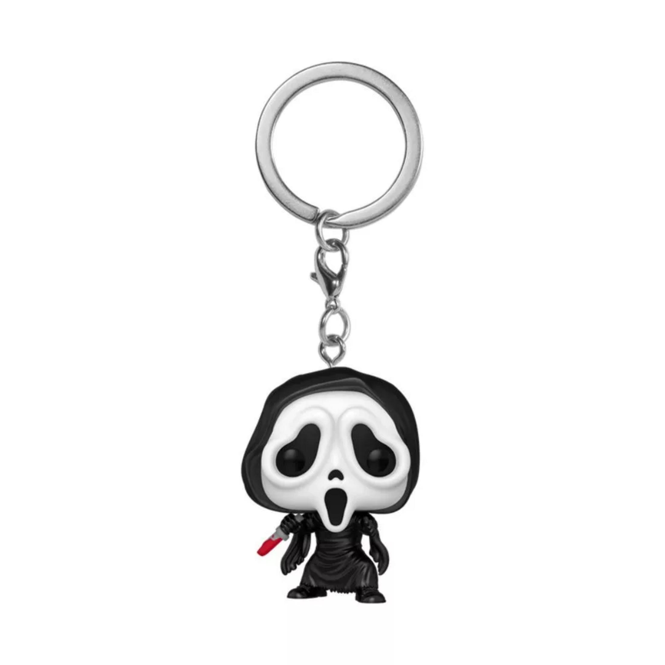 Ein silberner Schlüsselanhänger mit einer Ghostface-Vinylfigur aus Scream mit einem rot beforsteten Messer.