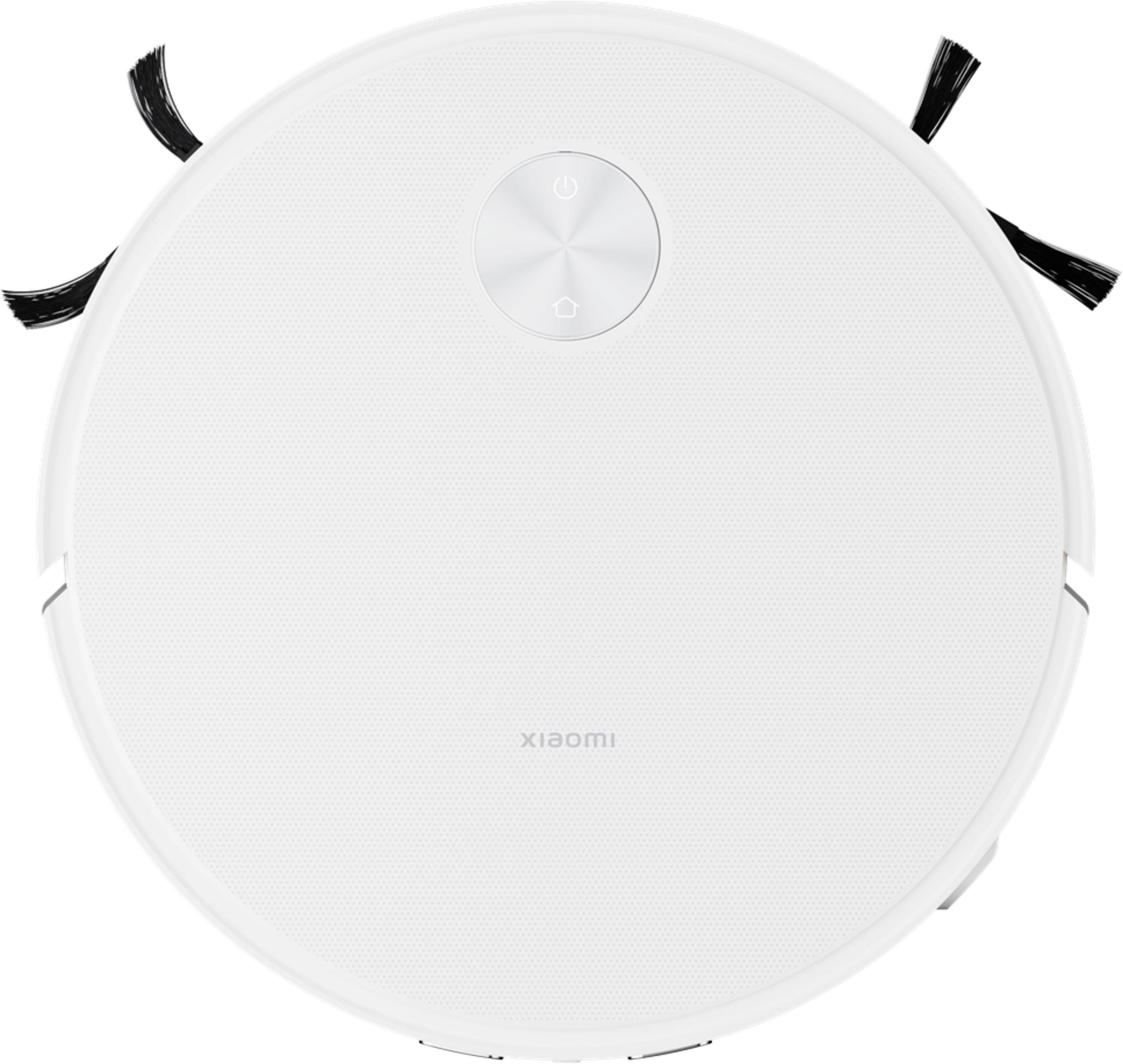 Vista dall'alto di un robot aspirapolvere Xiaomi bianco con due spazzole laterali nere e controlli centrali.